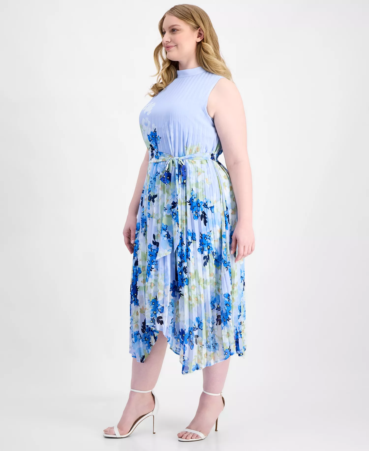 Plus Size Printed Pleated Sleeveless Midi Dress - Ivory/Blue - 14W