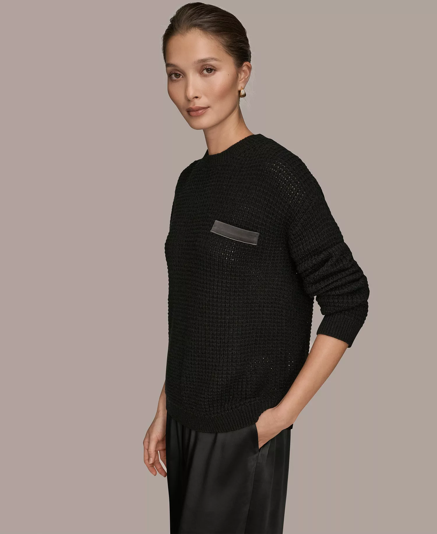 Women's Long-Sleeve Wool Cashmere Blend Waffle Stitch Sweater with Chest Pocket - Black/Silver - L