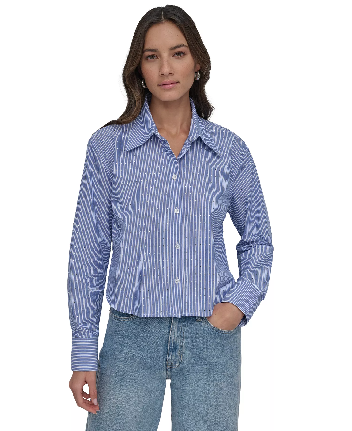 Women's Striped Poplin Studded Rhinestone Cotton Long-Sleeve Button-Front Shirt	  - Blue Bell Combo - L