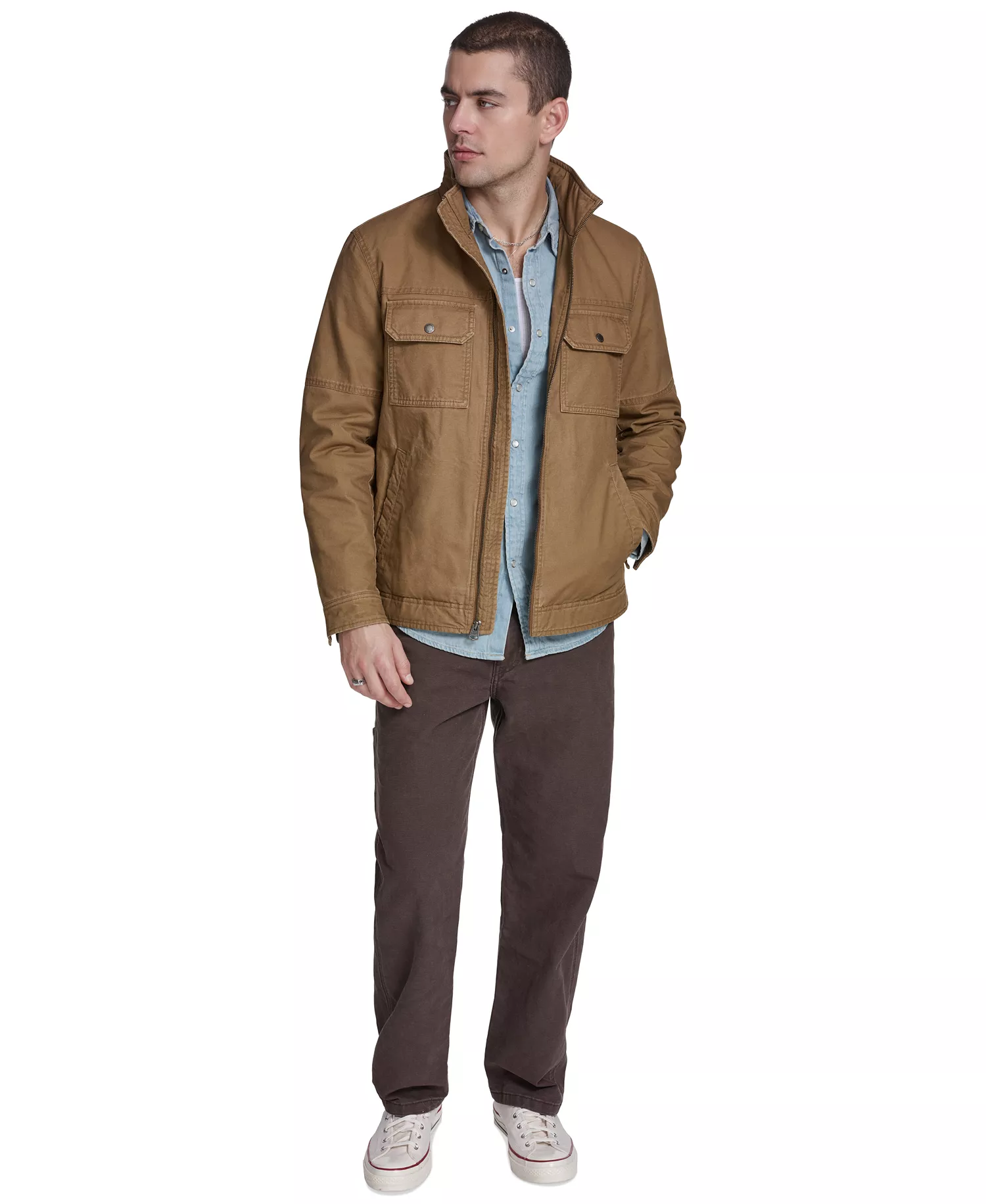 Men's Cotton Two Pockets Jacket - Brown - 2XL