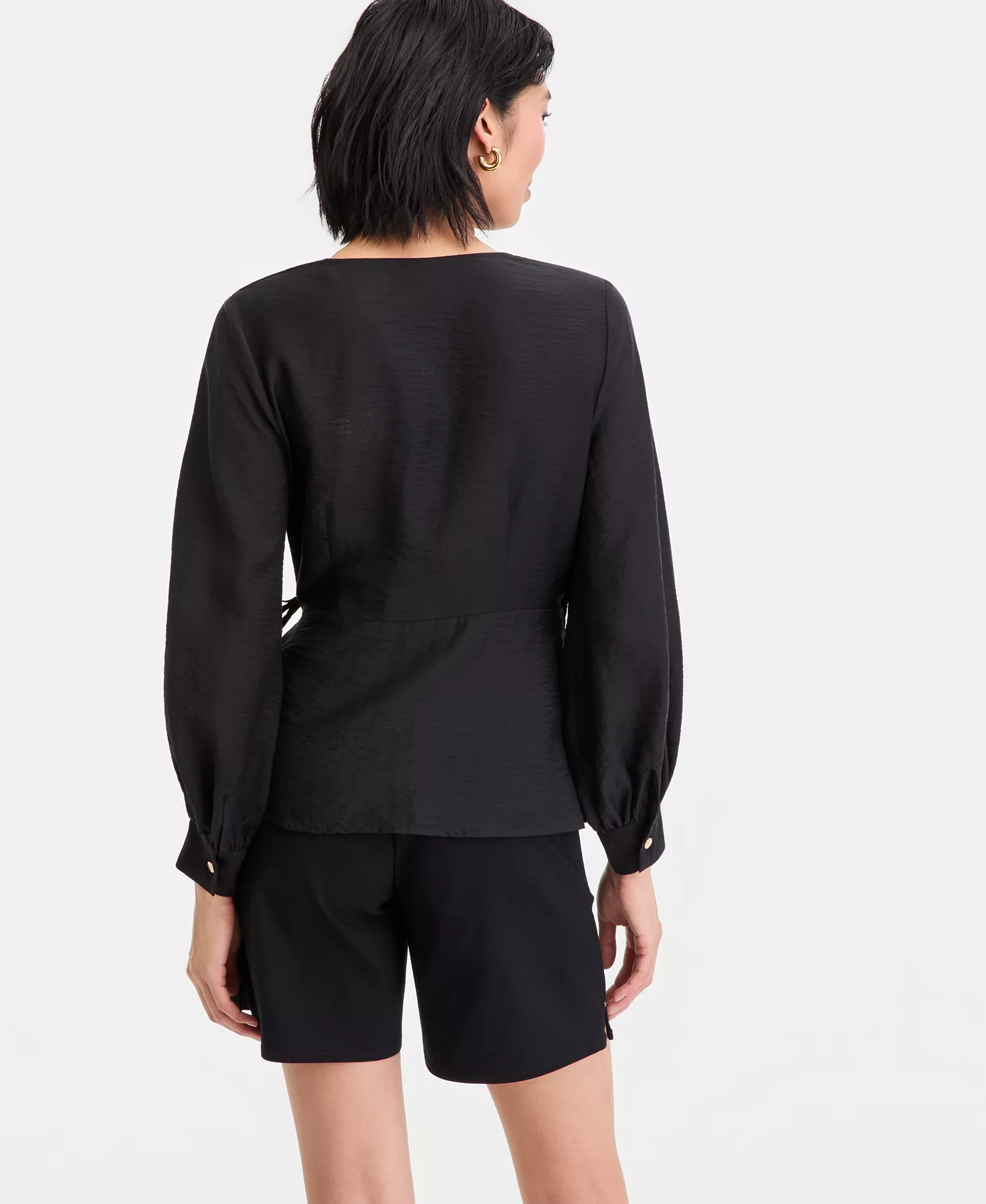 Women's Long Sleeve Textured Wrap Blouse, Macy's Exclusive - Deep Black - L
