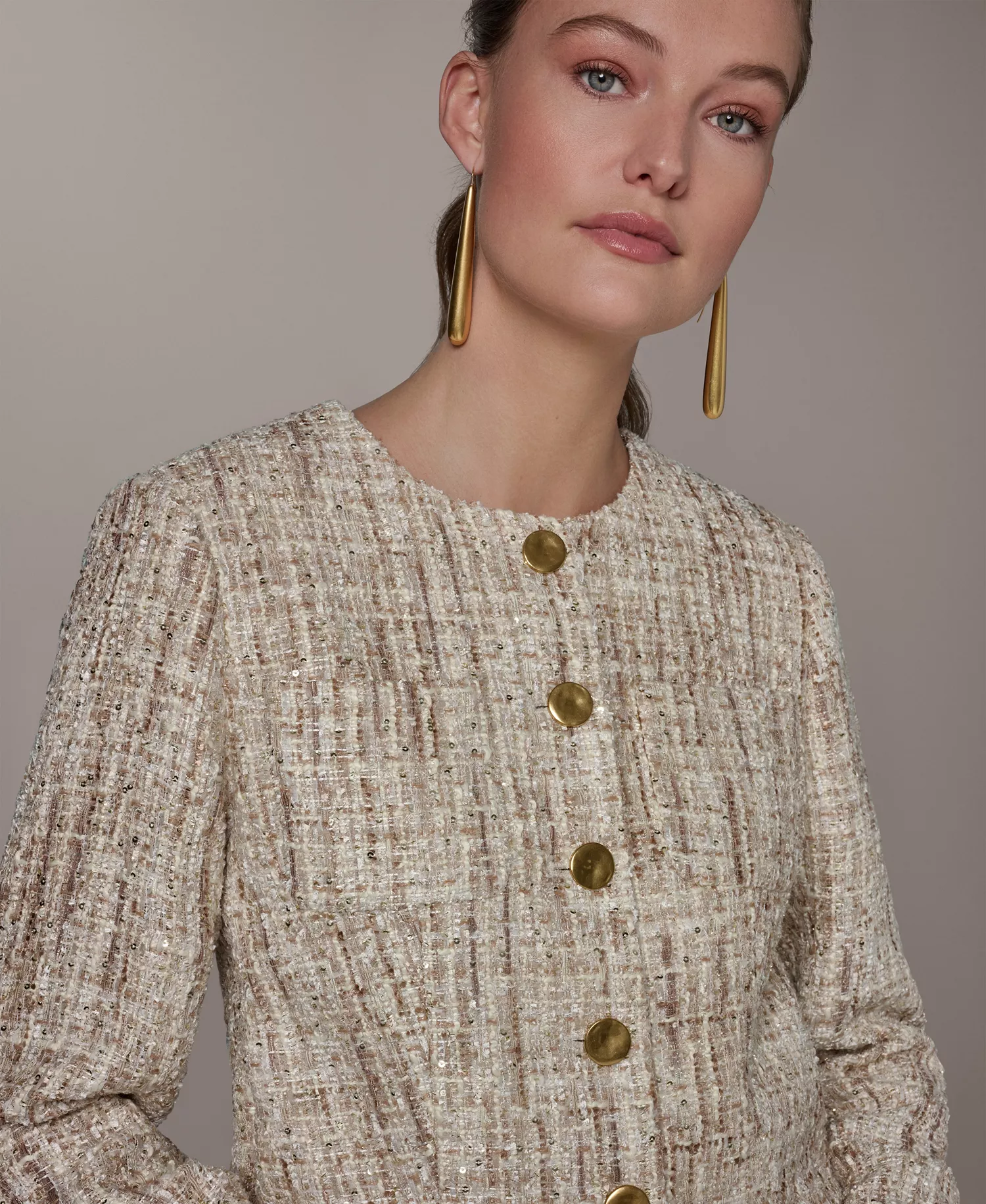 Petite Button-Front Cropped Jacket - Dark Cream Multi - 0P