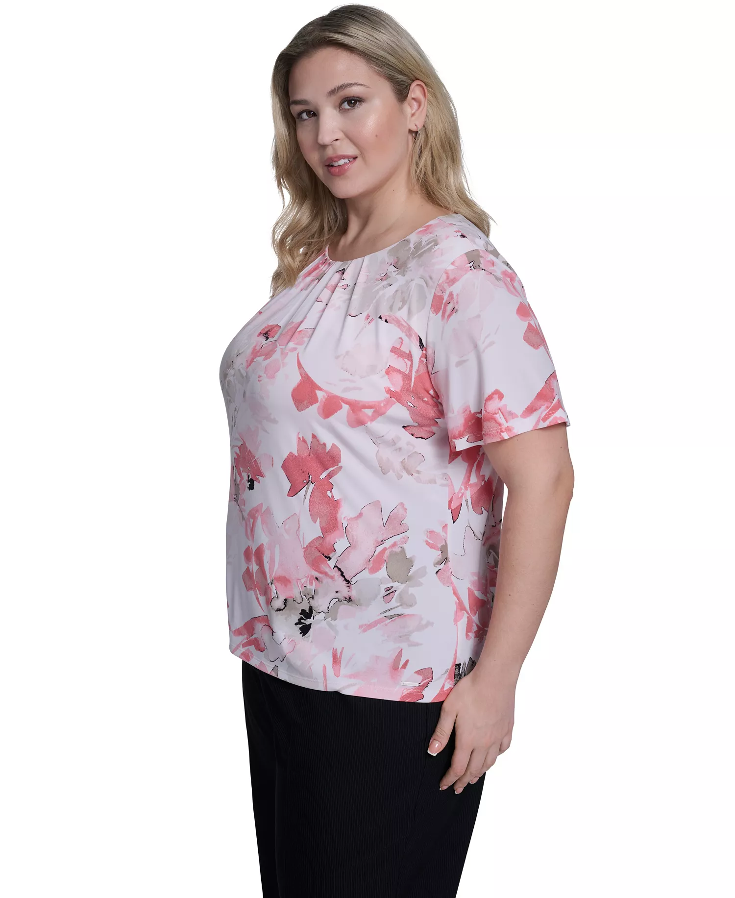 Plus Size Knit Short-Sleeve Crew Neck Top - Petal/Latte Multi - 1X
