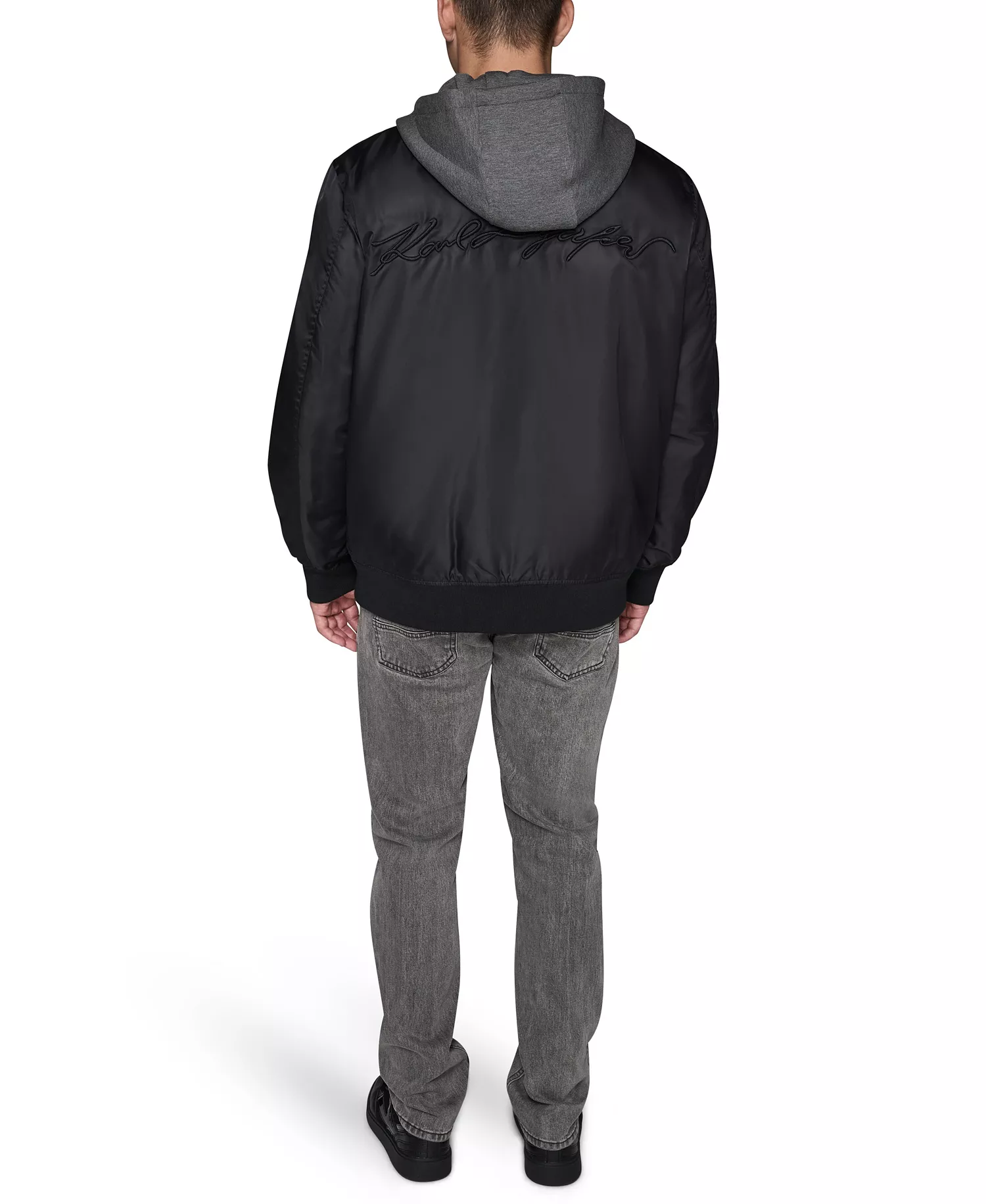 Men's Embroidered Signature Hooded Bomber Jacket - Black - 2XL