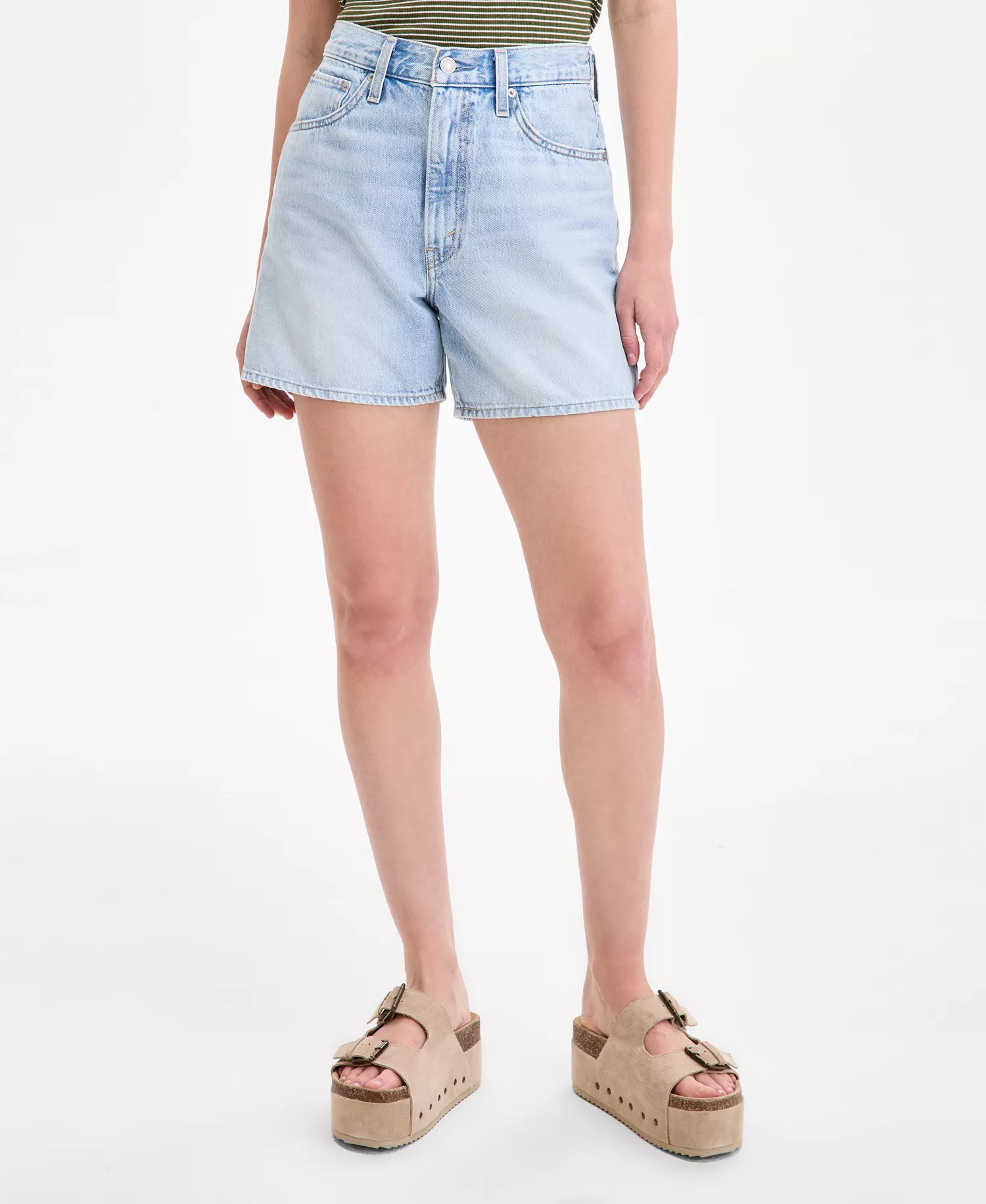 Women's Cotton Cinch-Waist Denim Shorts  - Abraided Art Short - Light Wash - 24