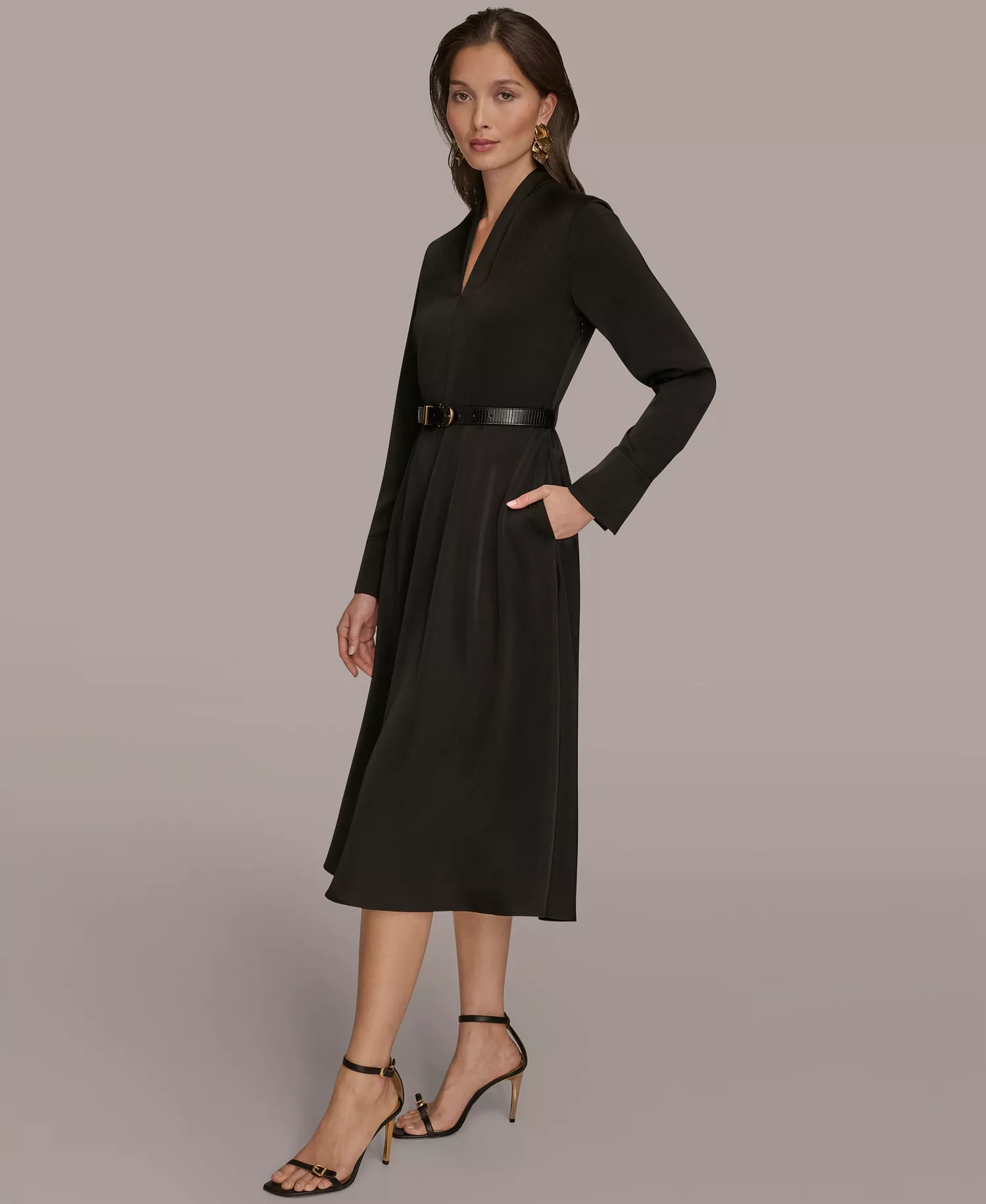 Women's Satin V-Neck Belted A-Line Midi Dress - Black - 4
