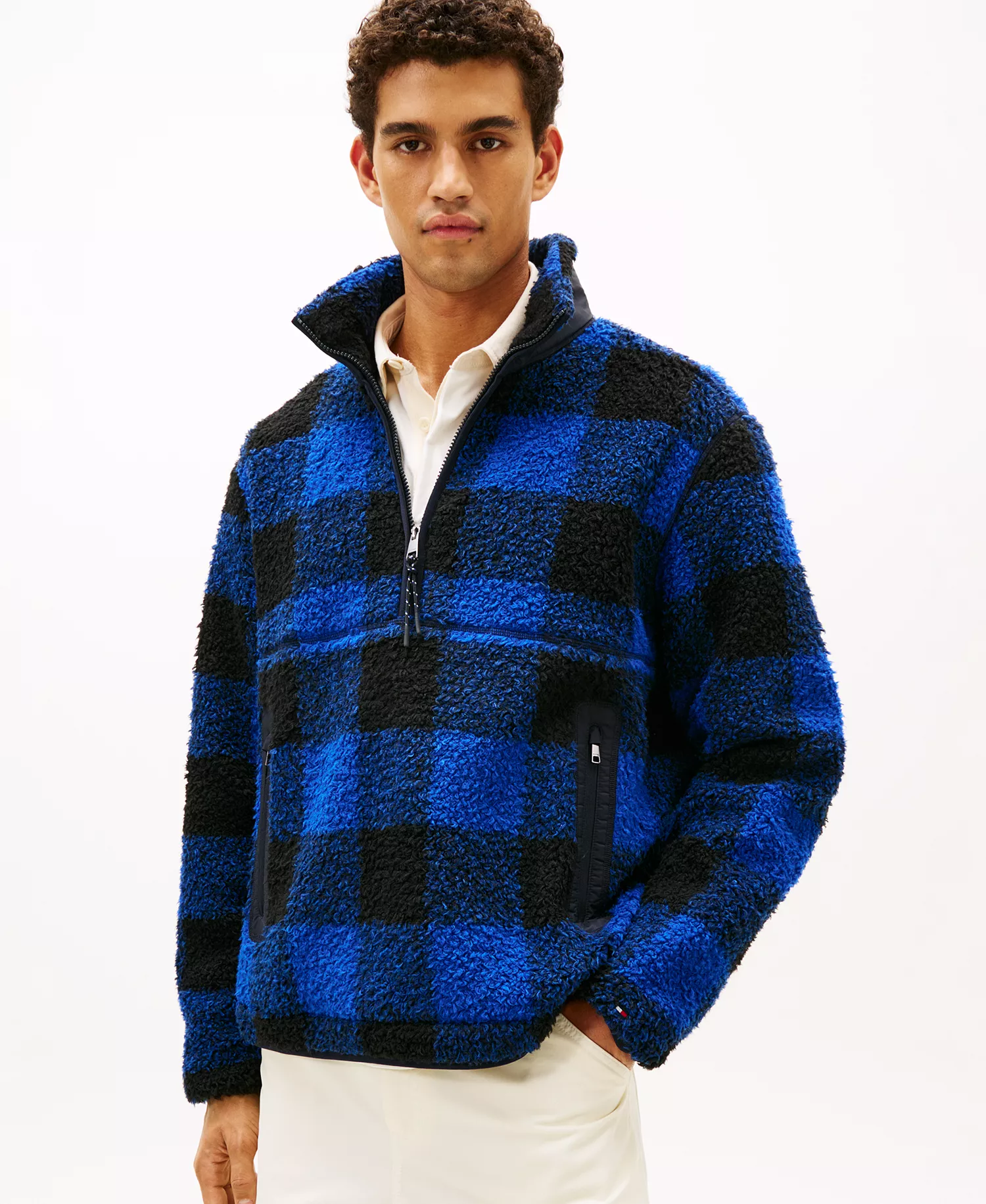 Men's Teddy Fleece Check Pullover Jacket - Wedge Blue / Black - L