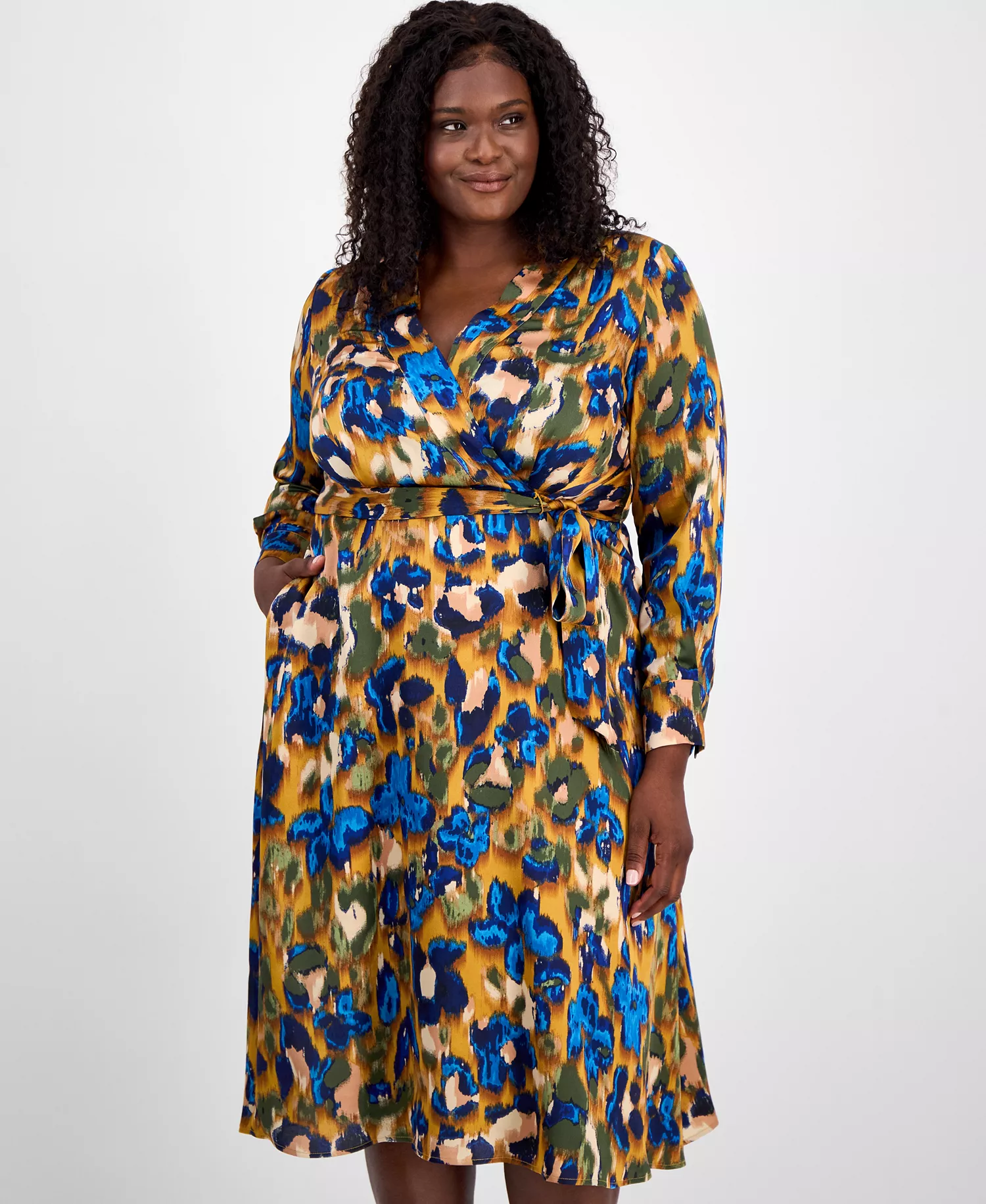 Plus Size Printed V-Neck Tie-Waist Midi Dress - Ginger/Sapphire - 14W