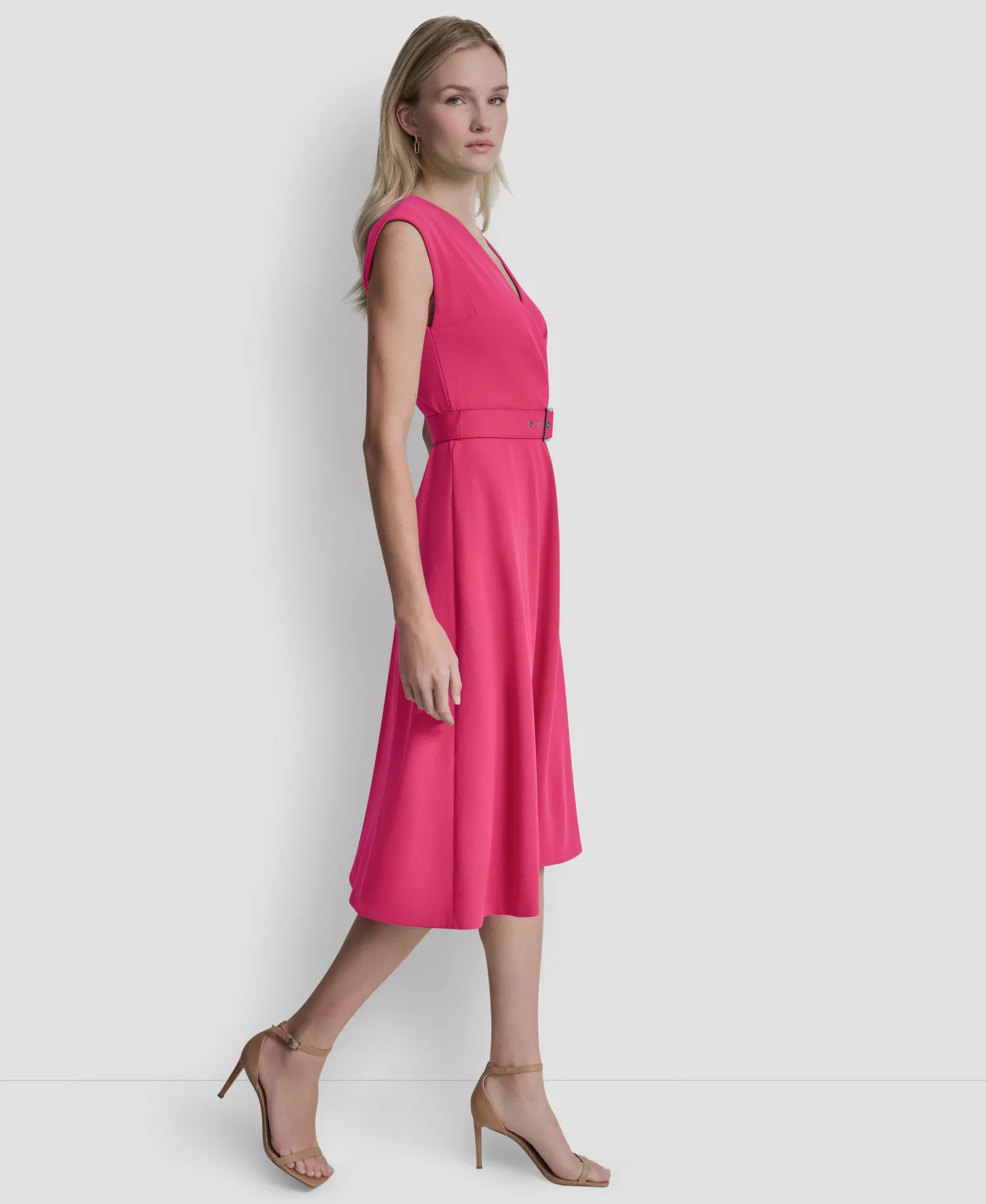 Women's V-Neck Belted Dress - Hot Pink - 10