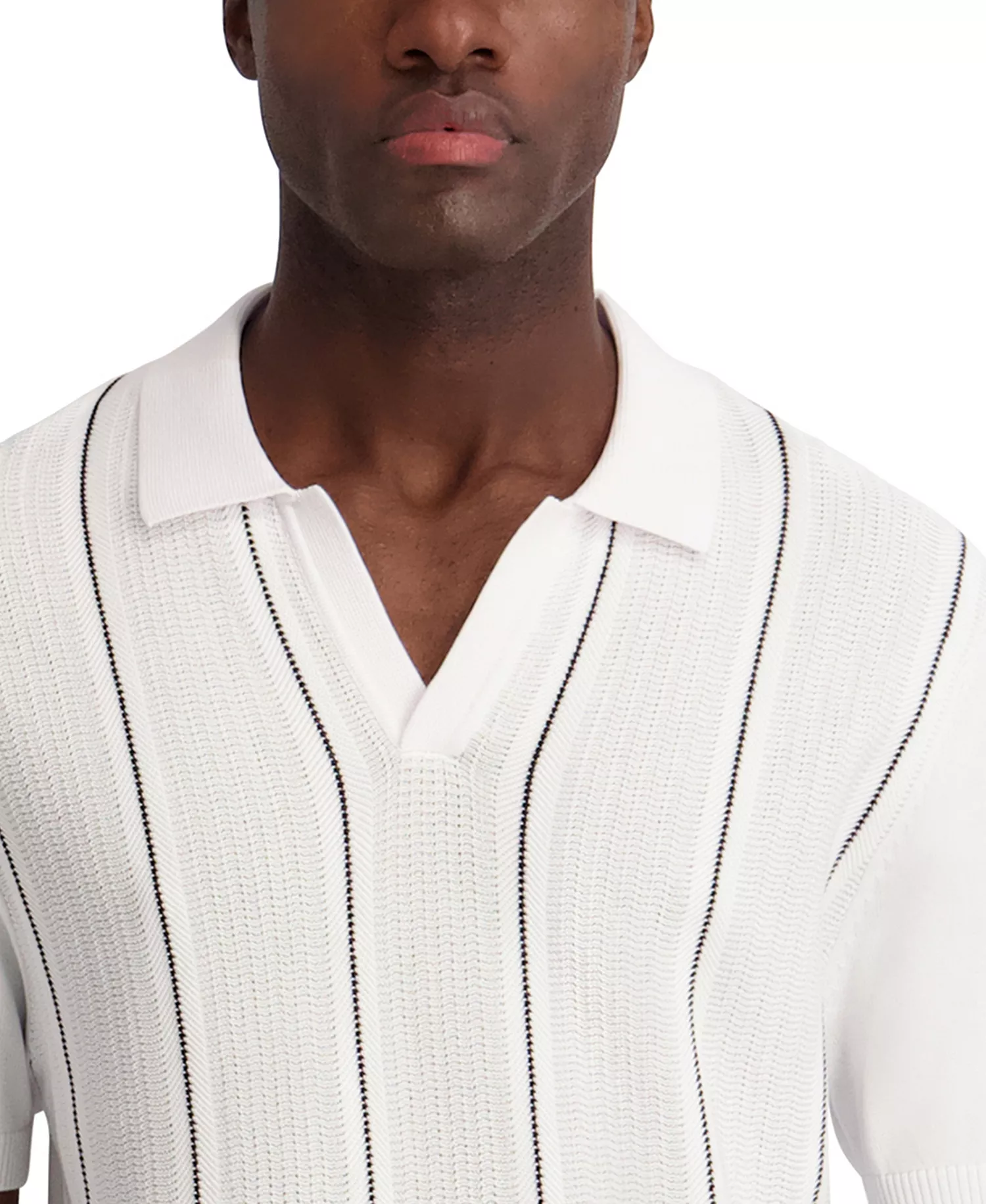 Men's Vertical Stripe Textured Johnny Collar Polo Shirt - White - 2XL