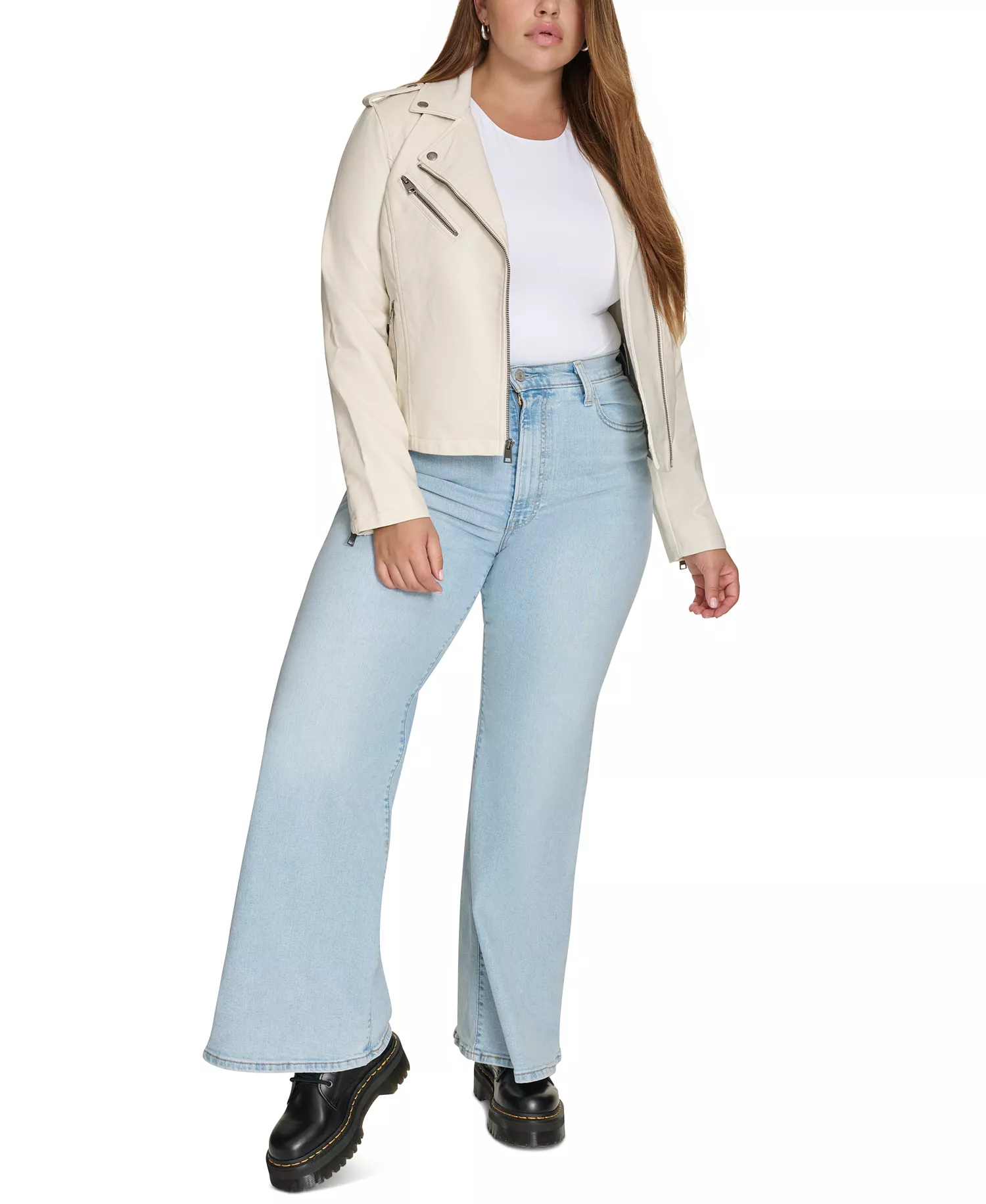 Plus Size Trendy Faux Leather Moto Jacket - Oyster - 2X