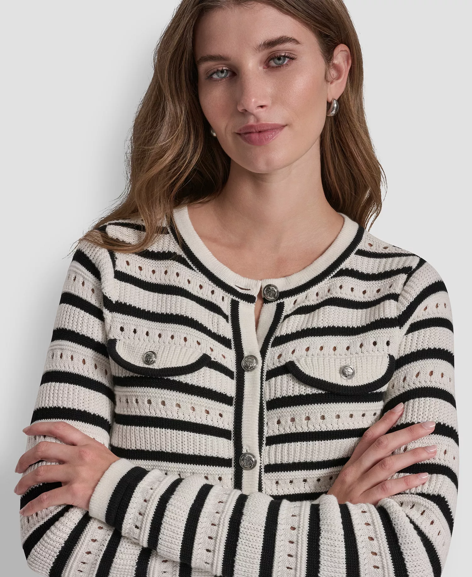 Women's Crew Neck Pointelle Sweater - Ivory/black - L