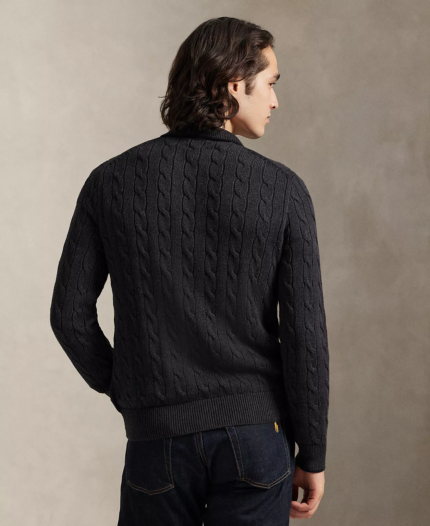 Men's Cable-Knit Cotton Polo Collar Sweater - Dark Granite Heather - 2XL