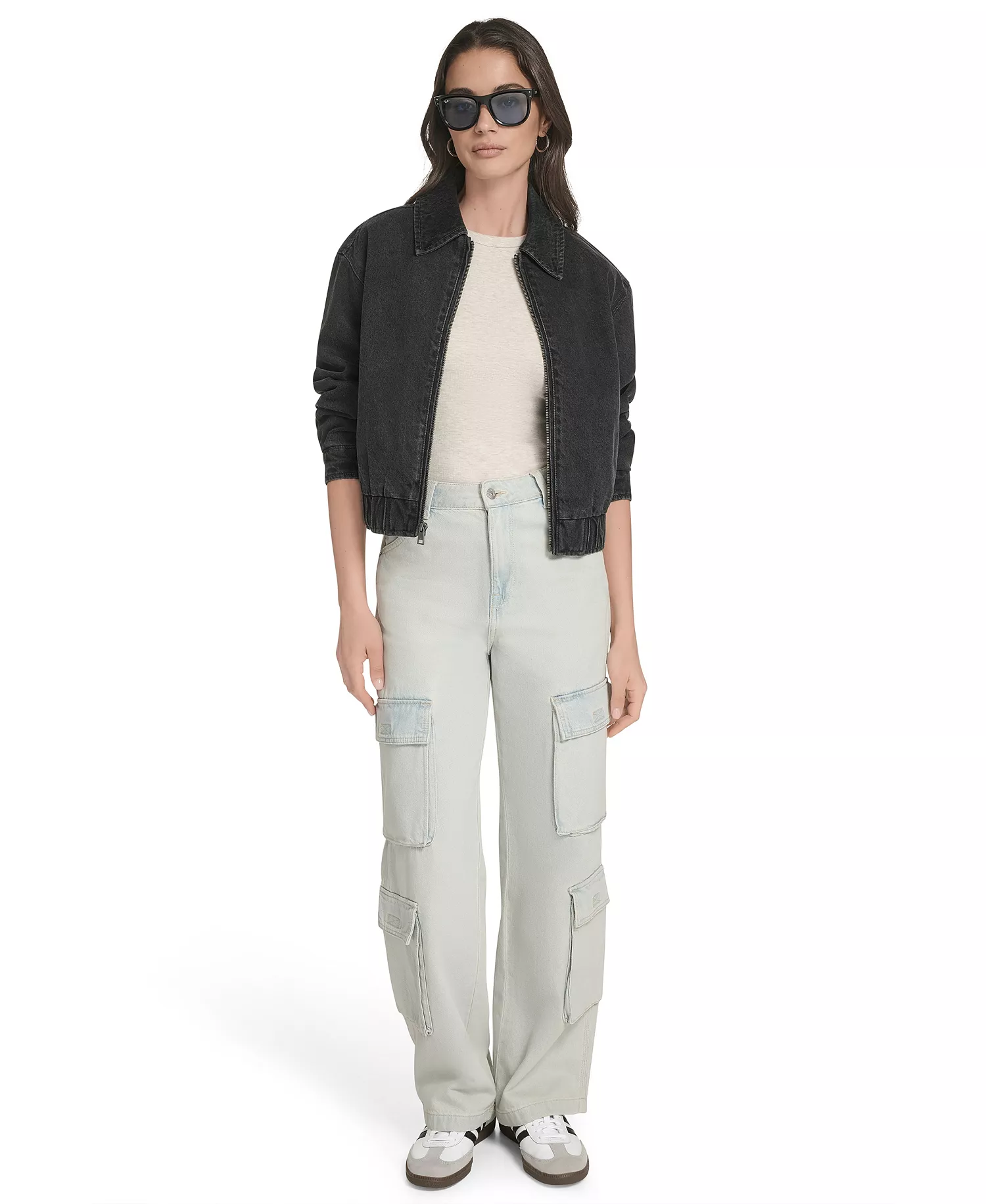 Women's Laydown Collar Denim Bomber Jacket - Black Denim - L