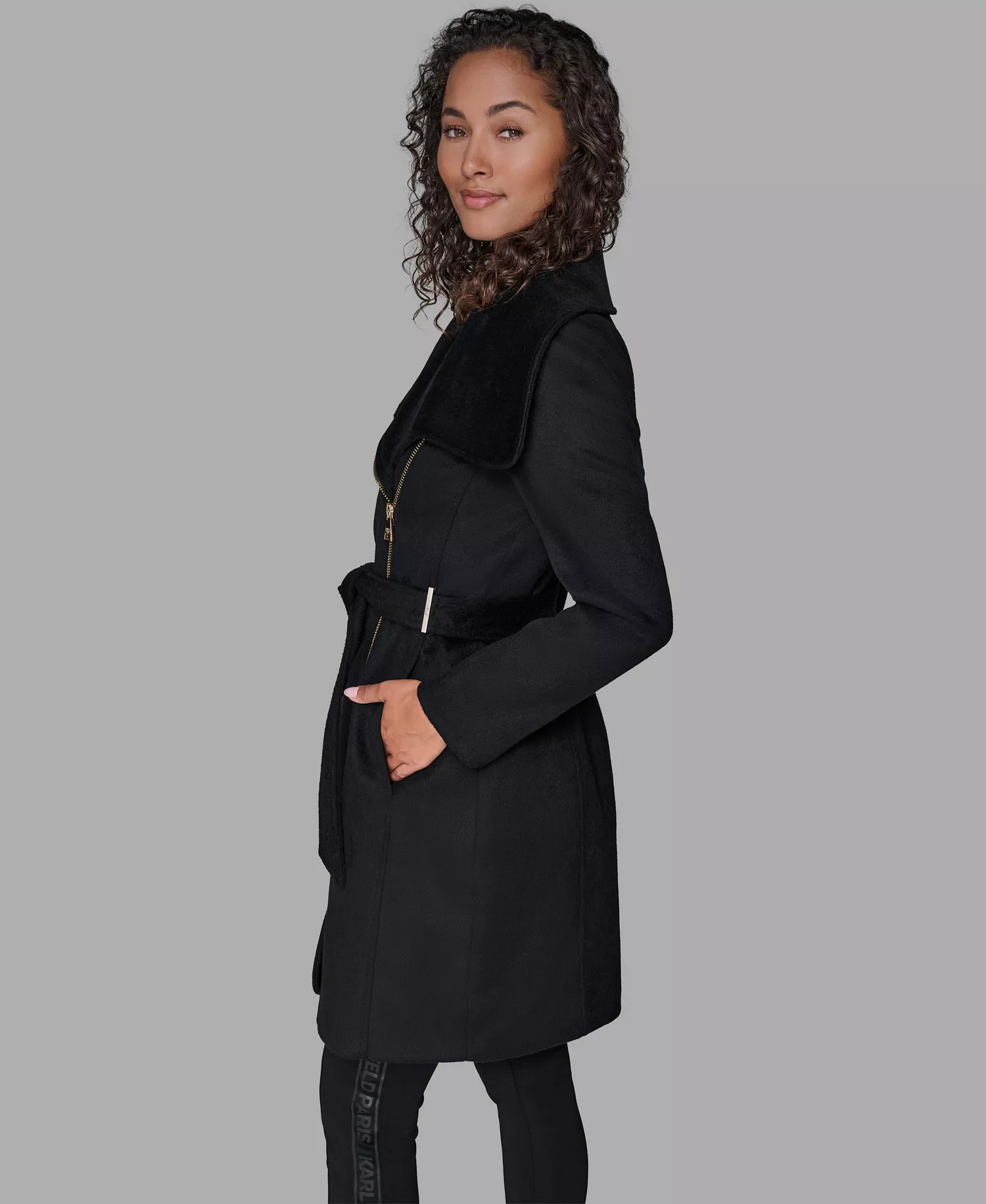 Women's Asymmetrical Wrap Coat - Black - L