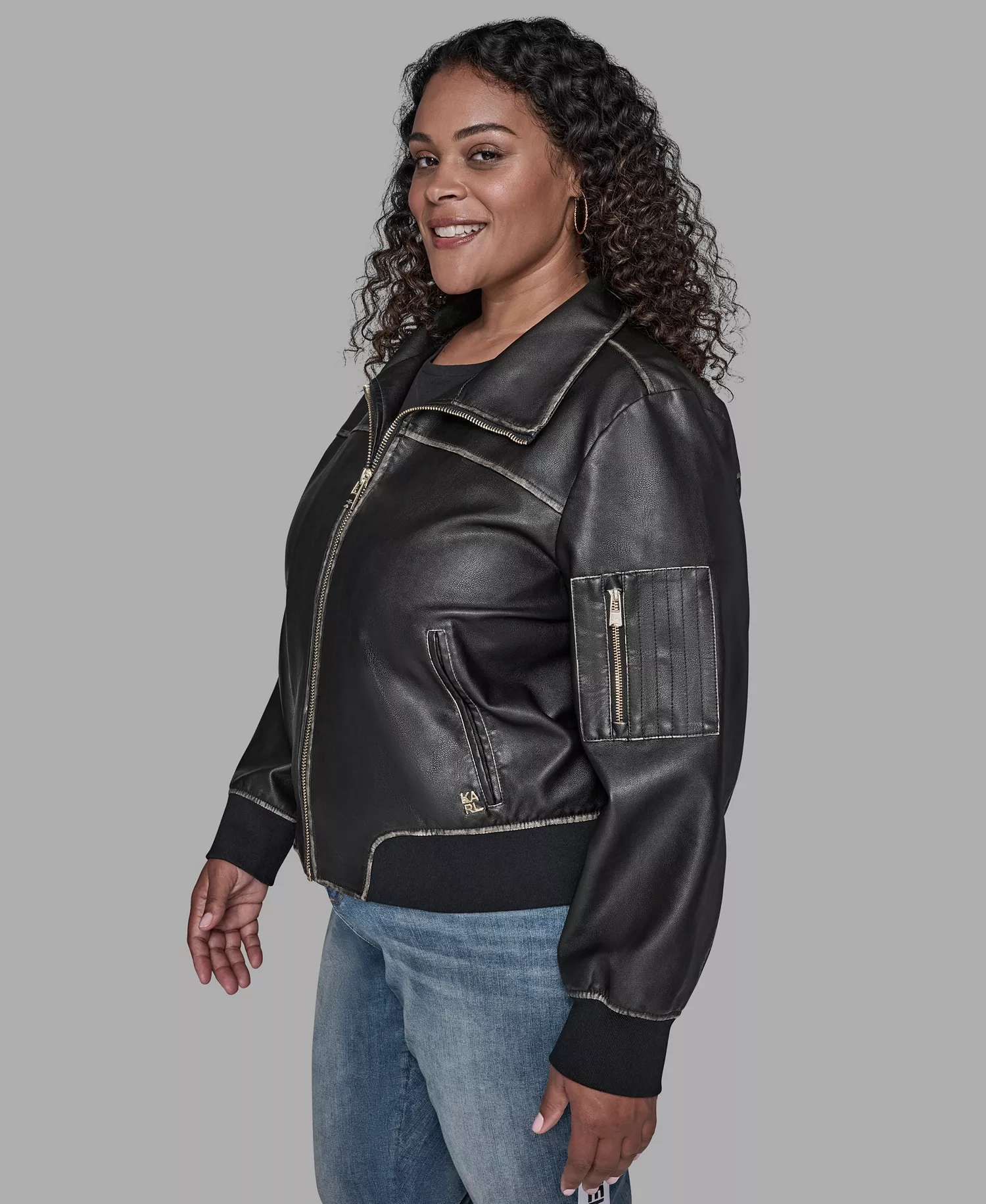 Plus Size Zip Up Jacket - Black - 1X