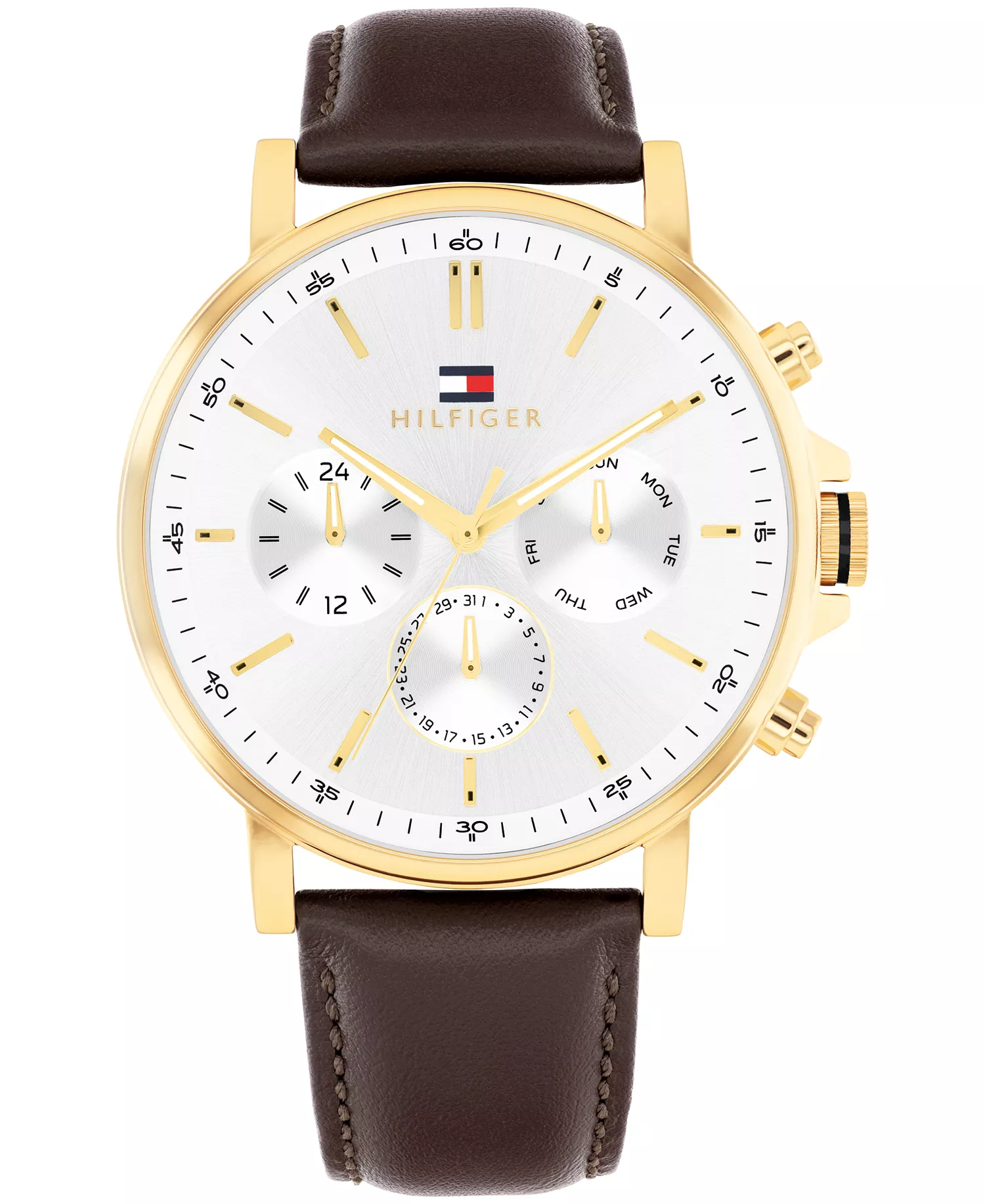 Men's Multifunction Brown Leather Strap Watch, 43mm - White - 43