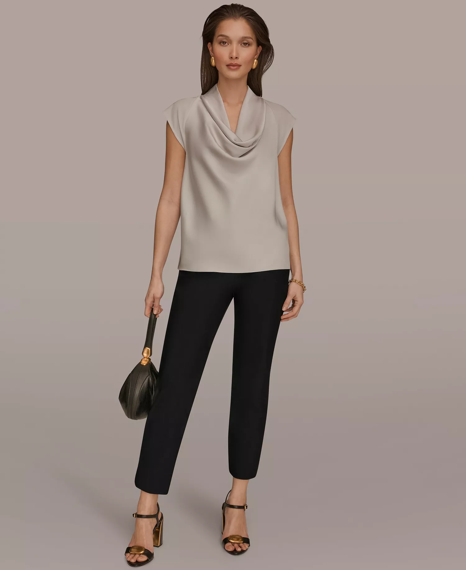 Women's Mixed Media Cowl Neck Top - Tuscan Grey - L