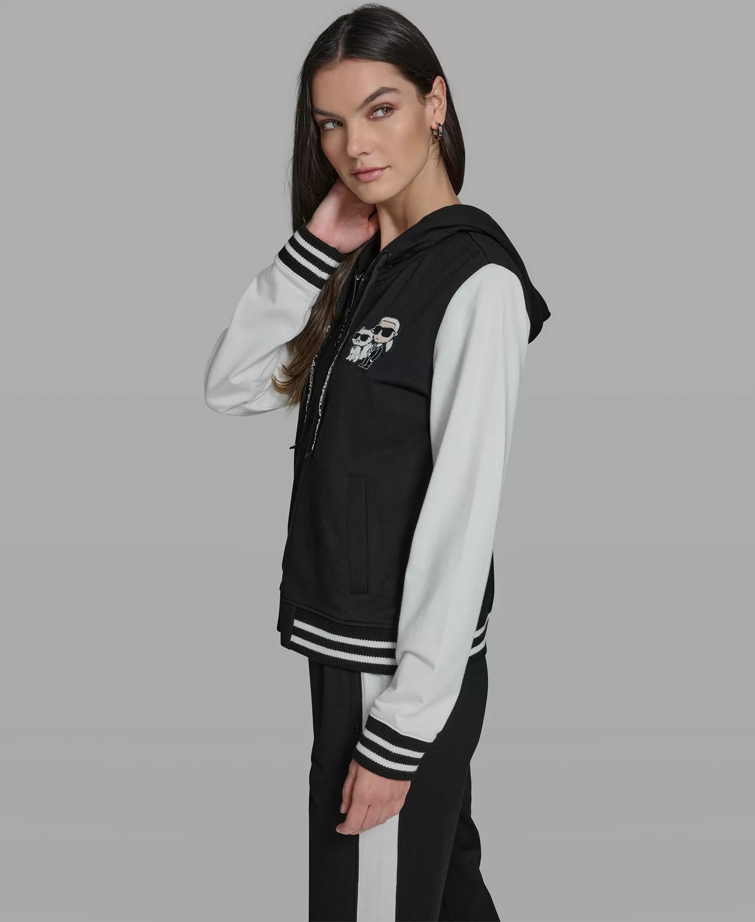 Women's Karl and Choupette Zip Hooded Jacket - Black - L
