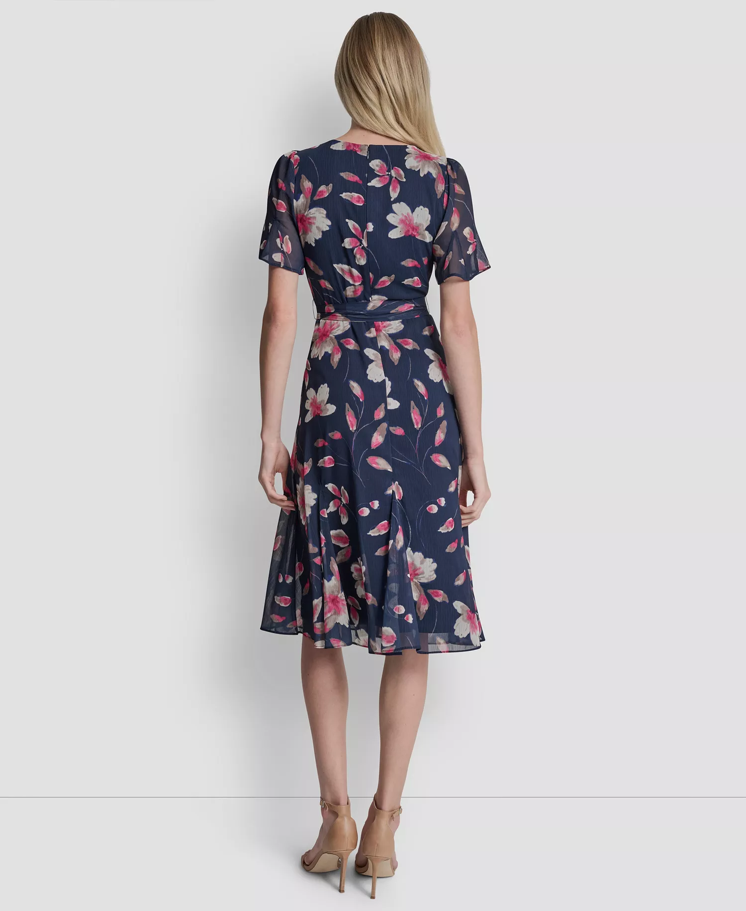 Women's Short Godet-Sleeve Jewel Neck Midi Dress - Indigo Multi - 10