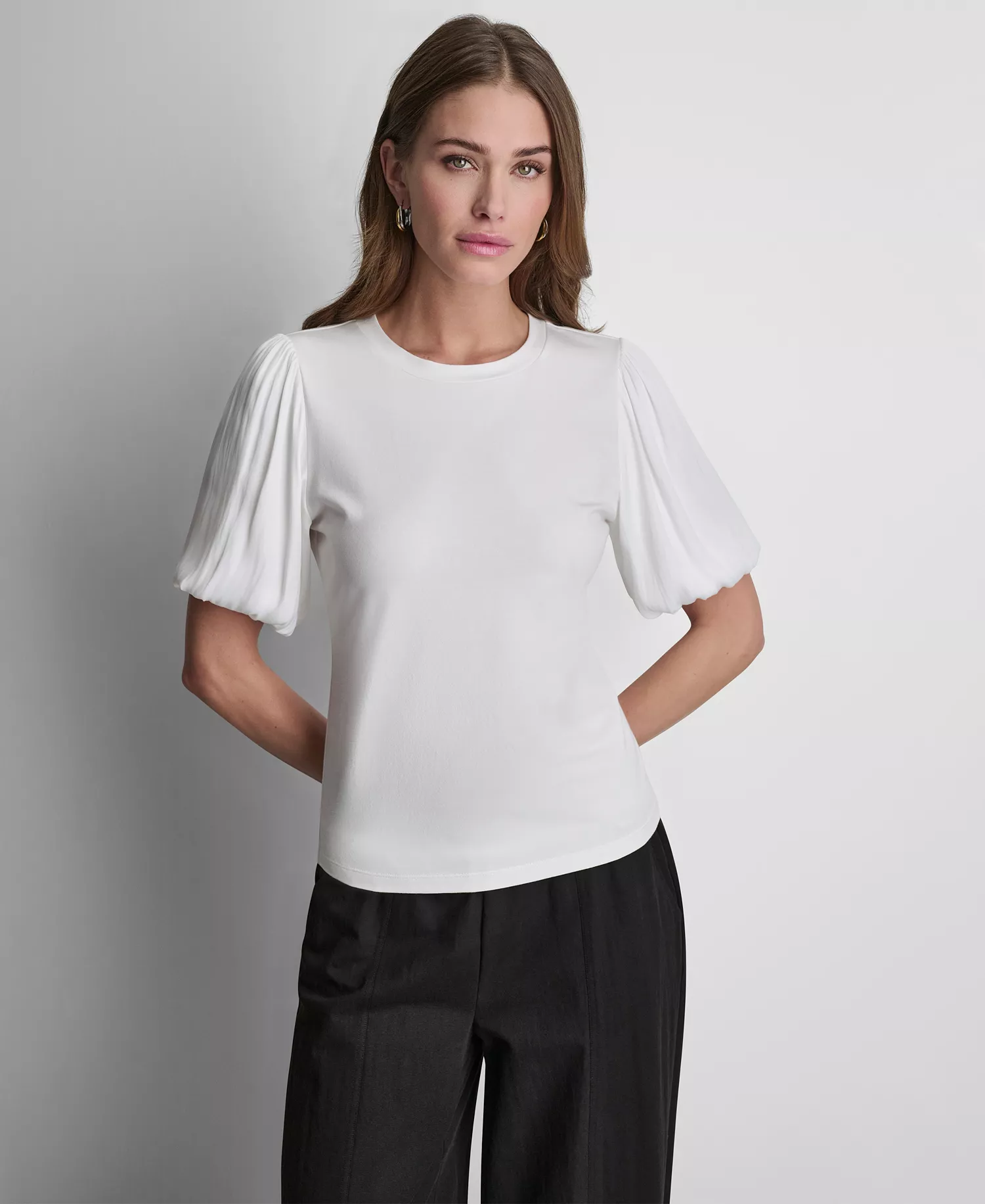 Women's Puffed Crew Neck Mix Media Knit Top - Black - L