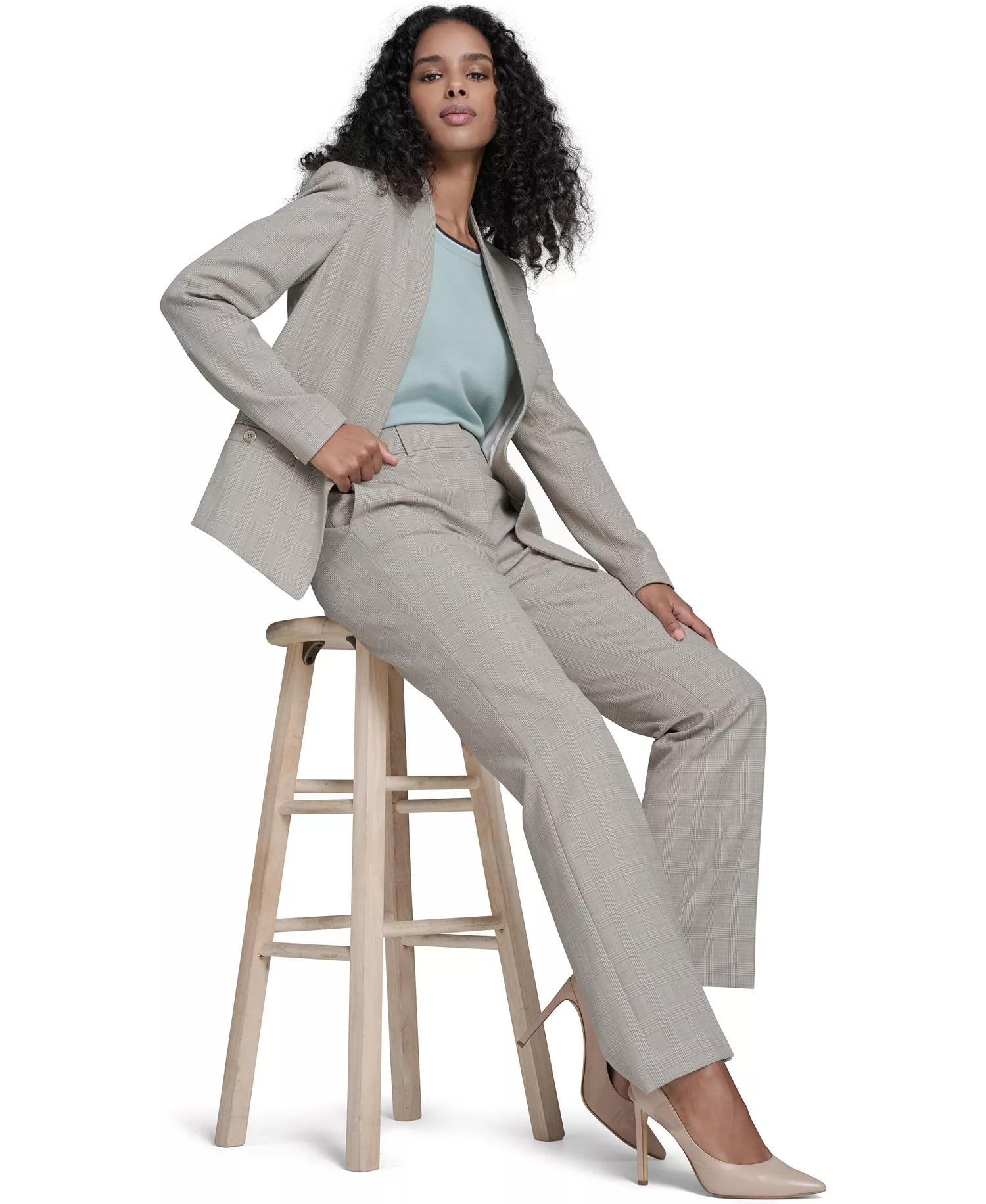 Women's Plaid Open Front Blazer,  Short-Sleeve Tipped Sweater and Plaid Bootcut Trousers - Harbor Gray Multi - 0