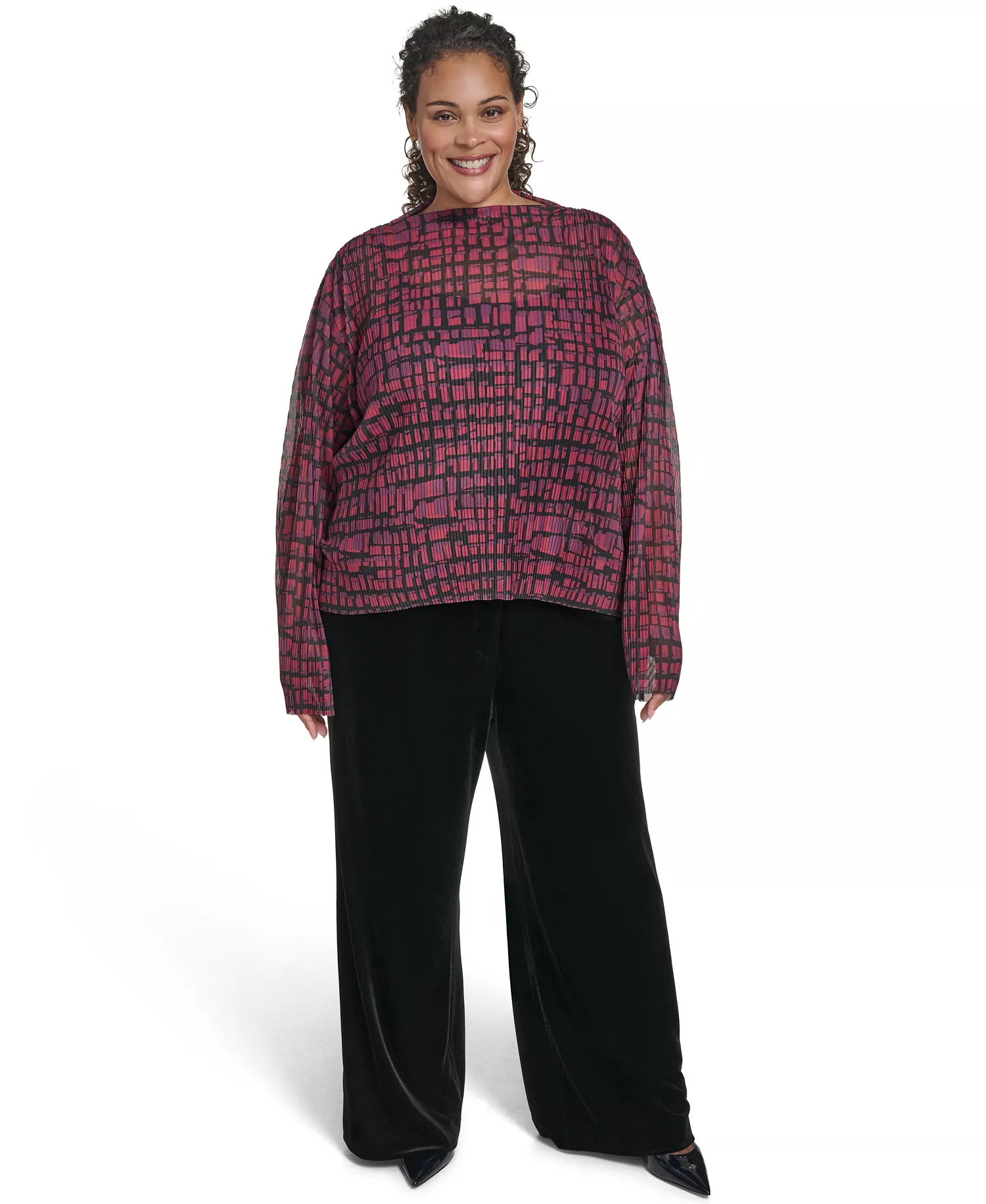 Plus Size Printed Long Sleeves Top - Cranberry Multi - 1X