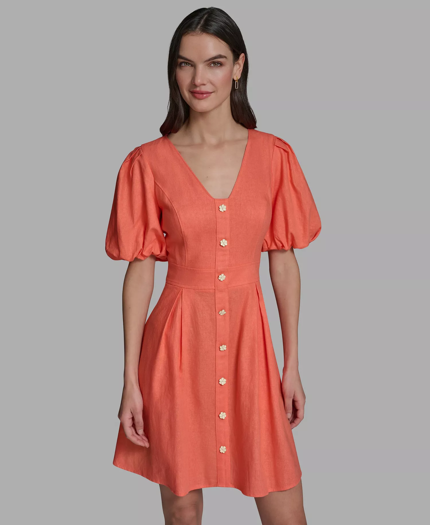 Women's Puff-Sleeve V-Neck Dress - Camelia - 10