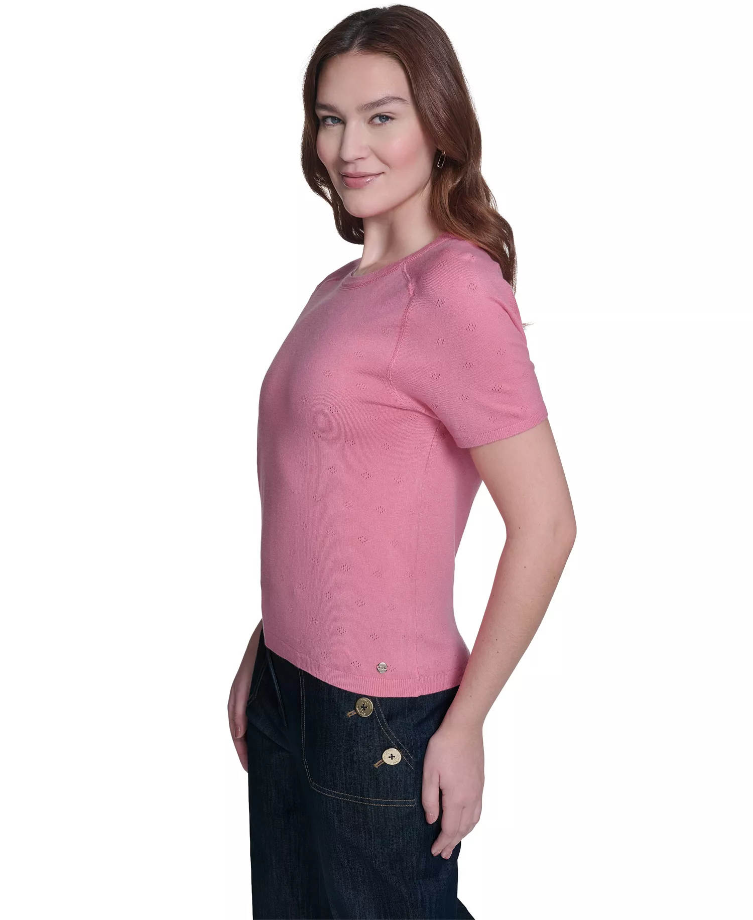 Women's Pointelle Short-Sleeve Sweater - Pink Tulip - L