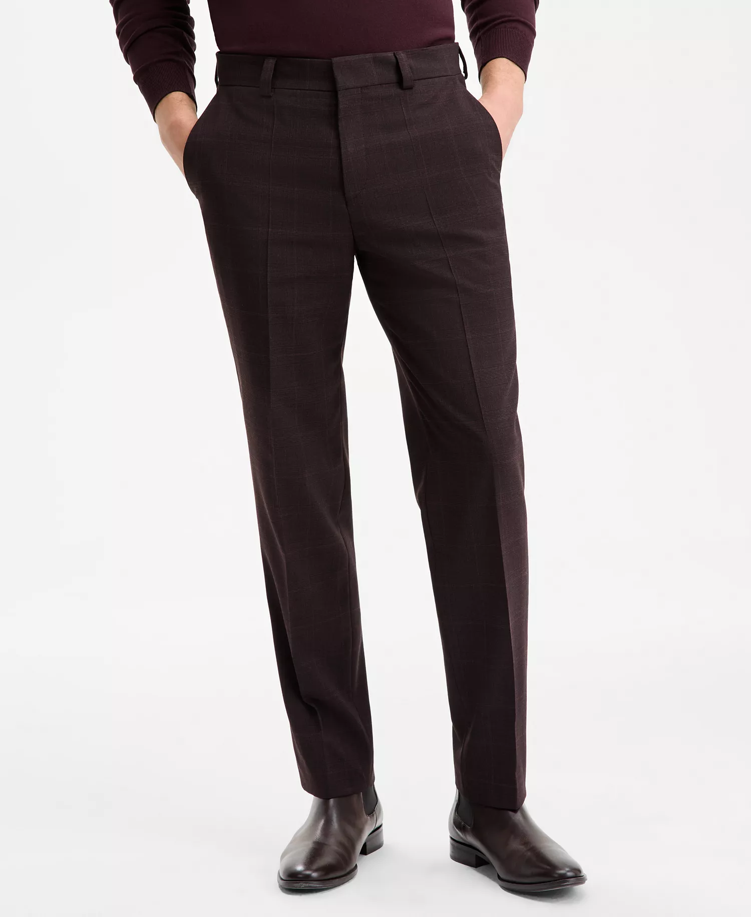 Men's Modern-Fit Plaid Suit Pants - Burgundy - 30x30