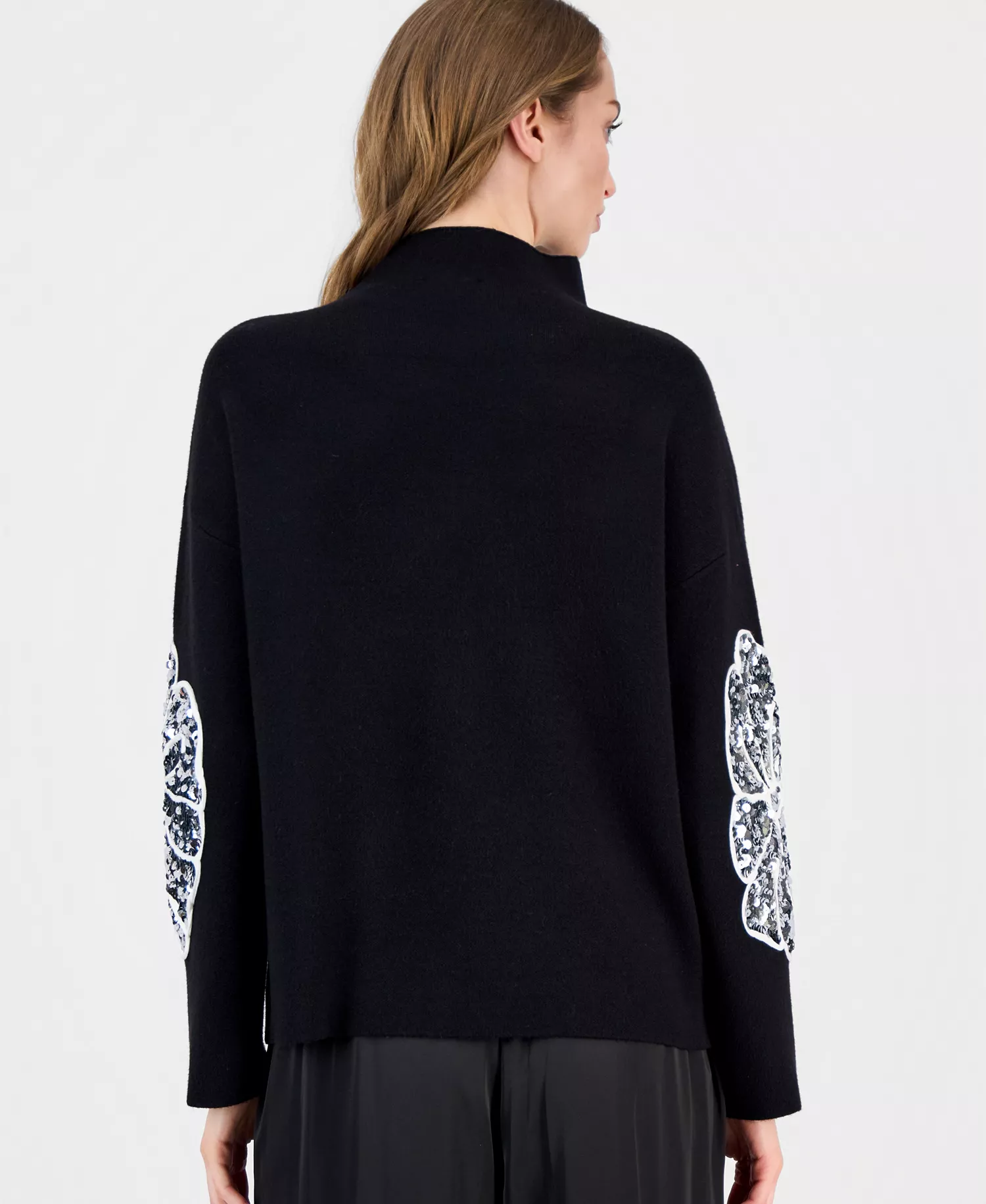 Women's Sequin Soutache Funnel-Neck Sweater - Black - L