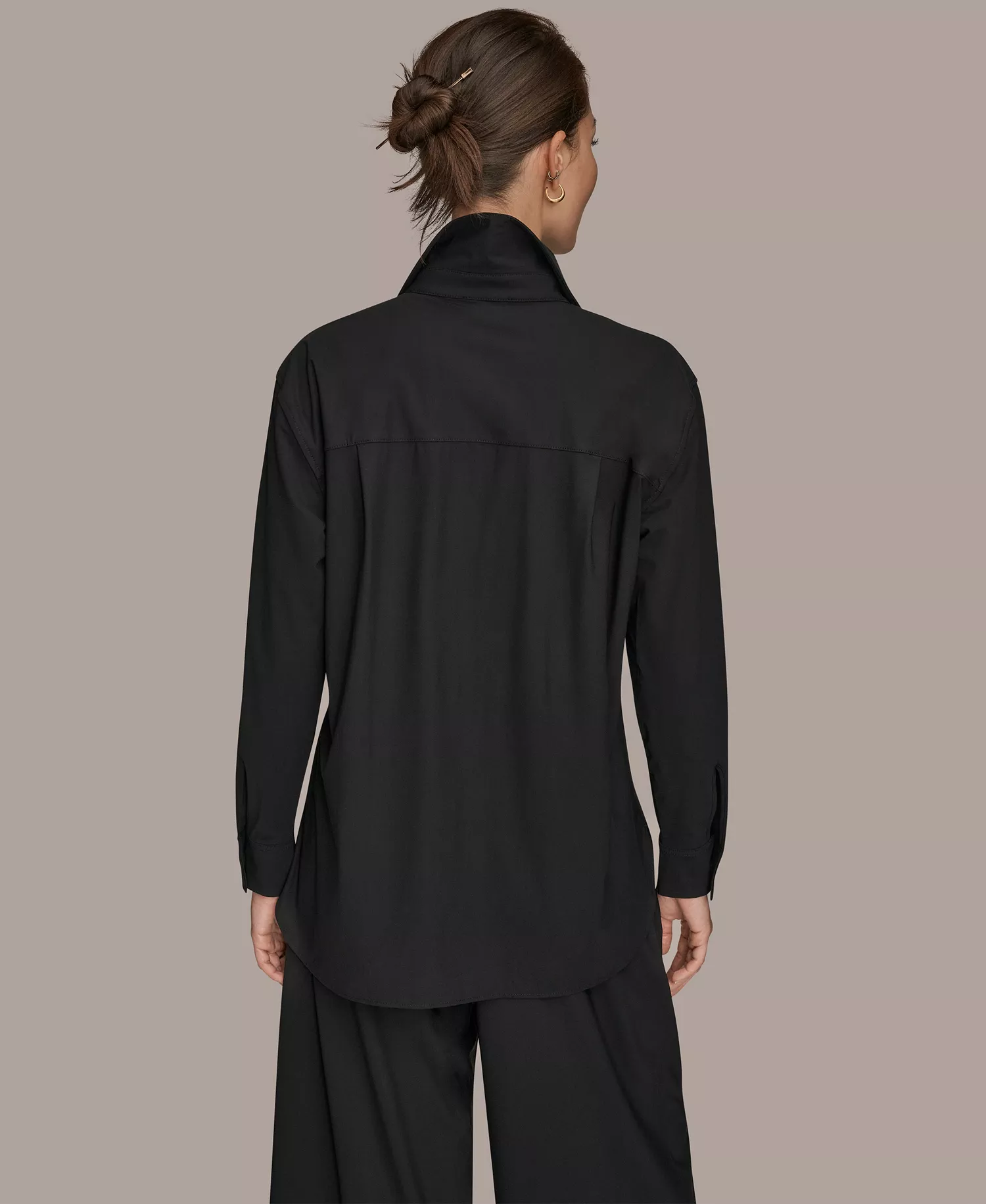 Women's Tricot Knit Long Sleeve Button-Down Shirt - Black - L