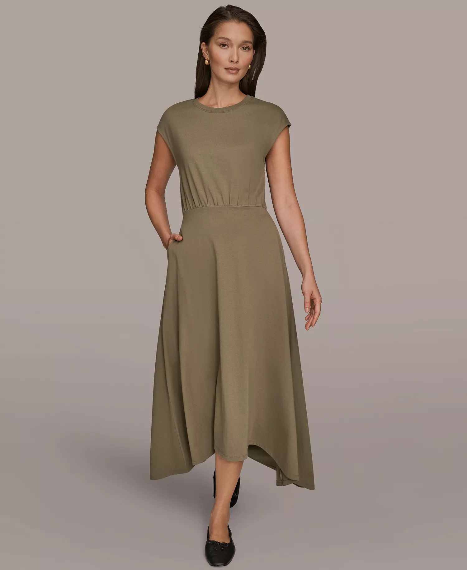 Women's Cotton Jersey Hi Lo Cap Sleeve Crew Neck Dress - Khaki Green - L