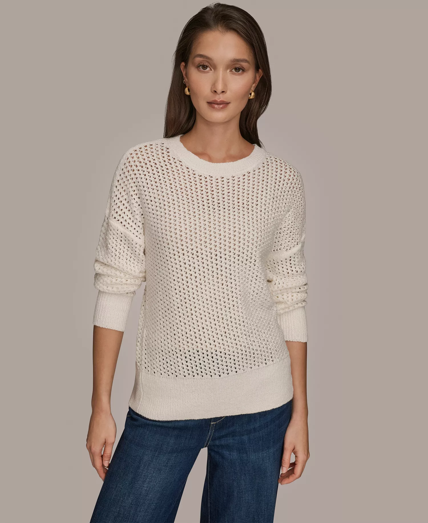 Women's Bracelet Sleeve Open Stitch Cotton Blend Crewneck Sweater - Cream - L