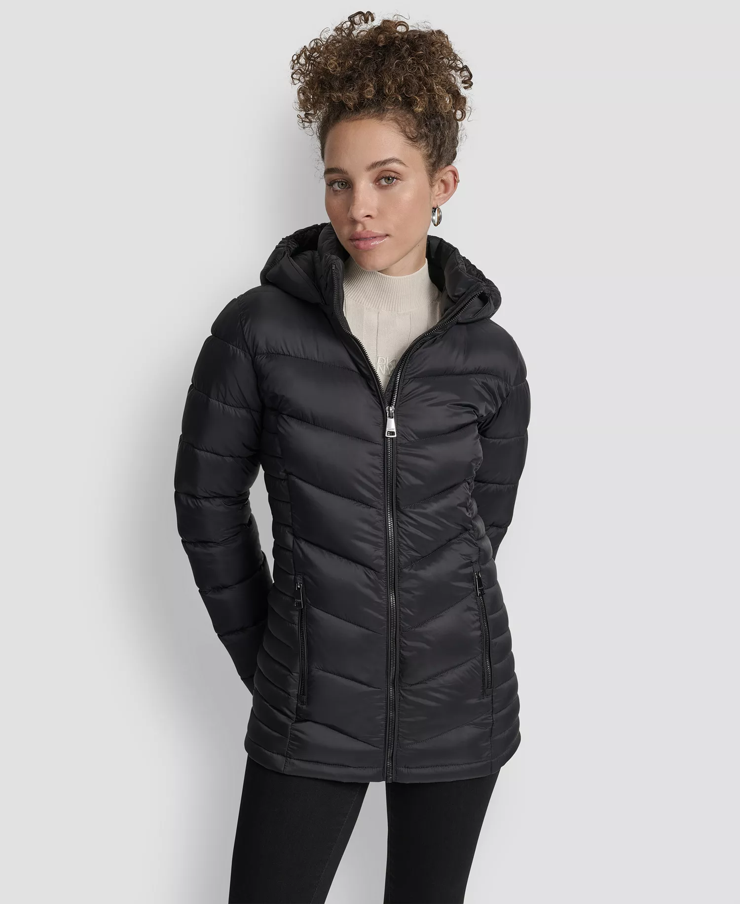 Women's Chevron-Quilted Full-Zip Puffer Jacket - Black - L