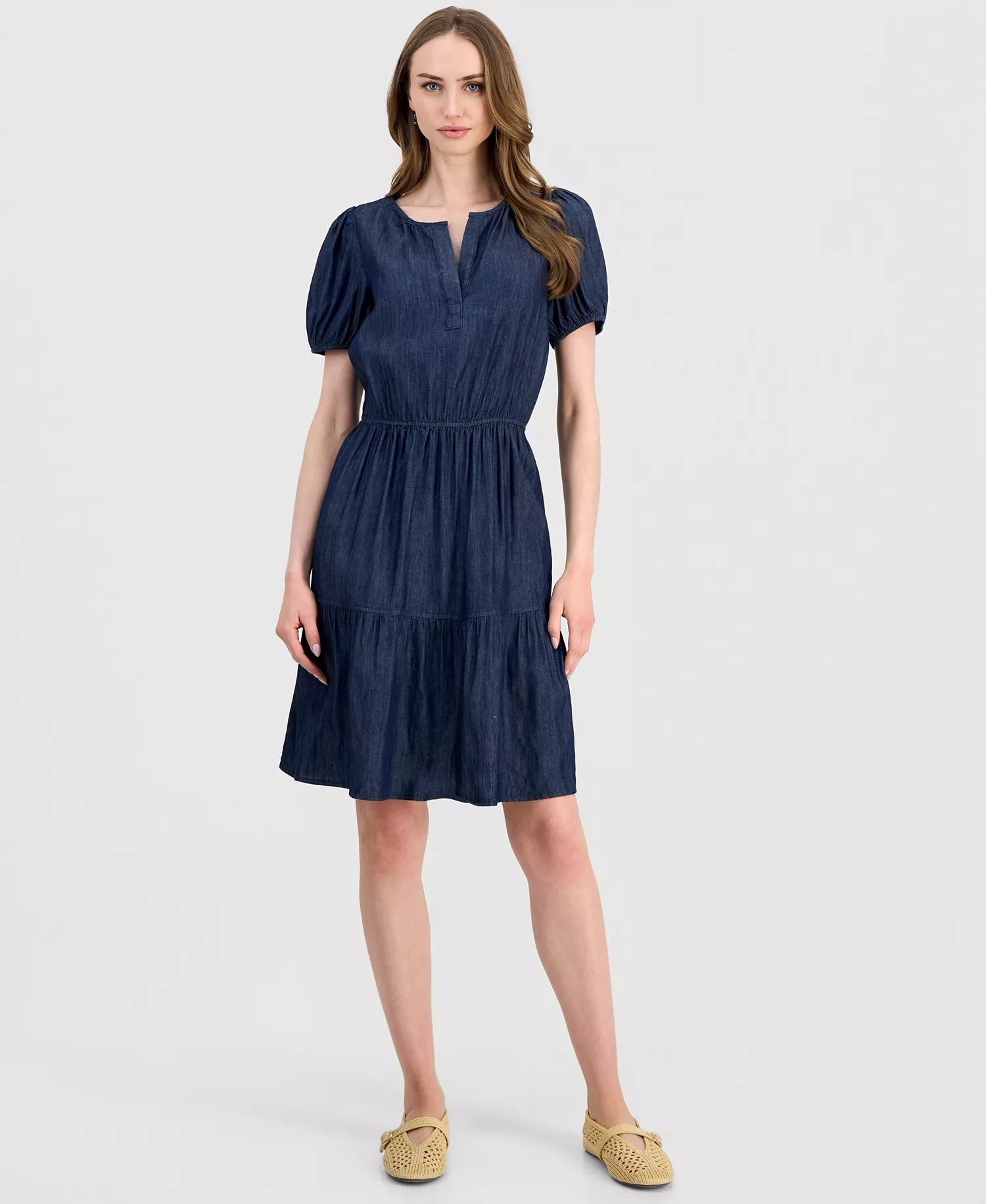 Jeans Women's Chambray Puff-Sleeve Tiered Dress - Dark Azure - L