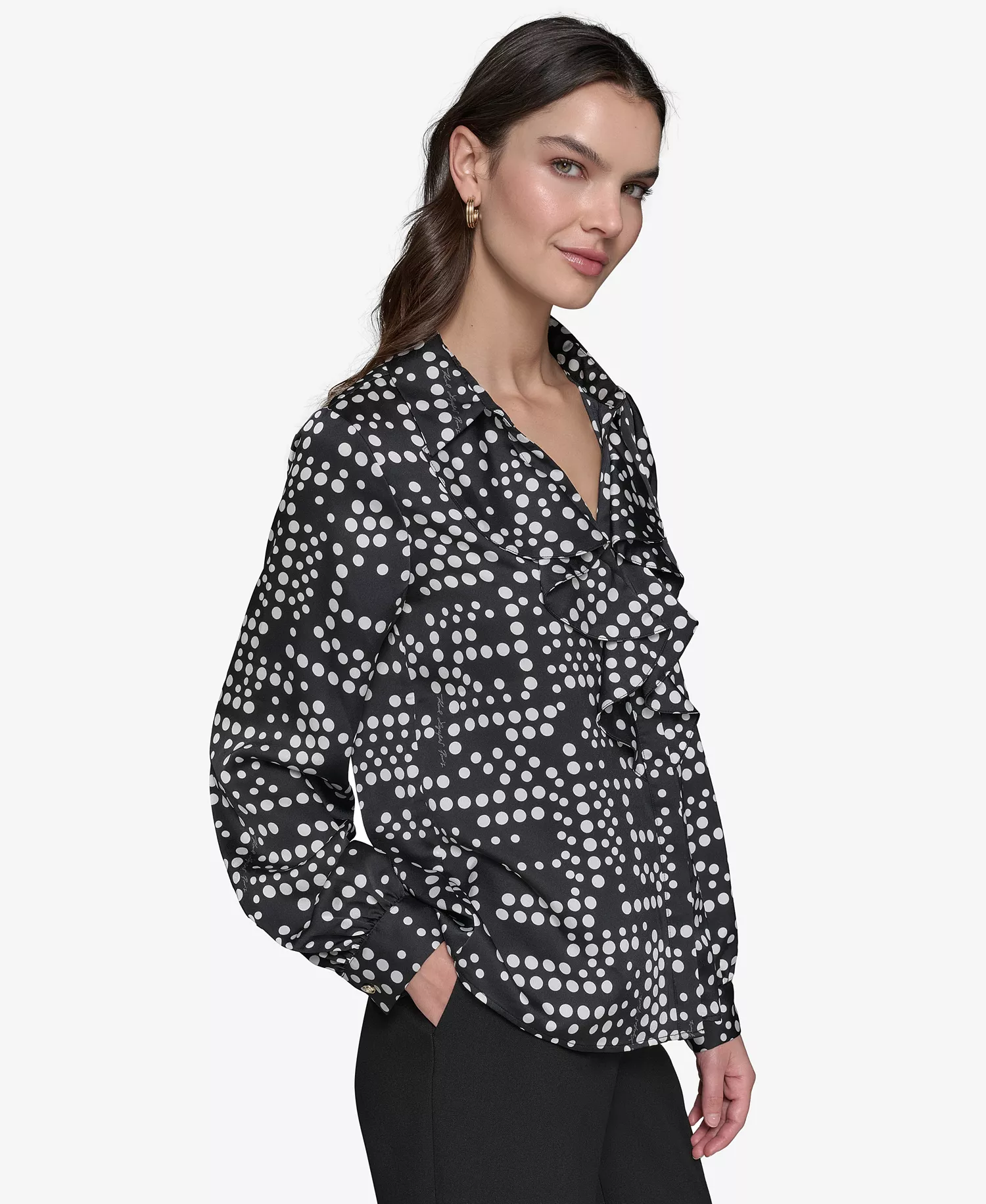 Women's Ruffled Dot-Print Blouse - Black/ Soft White Multi - L