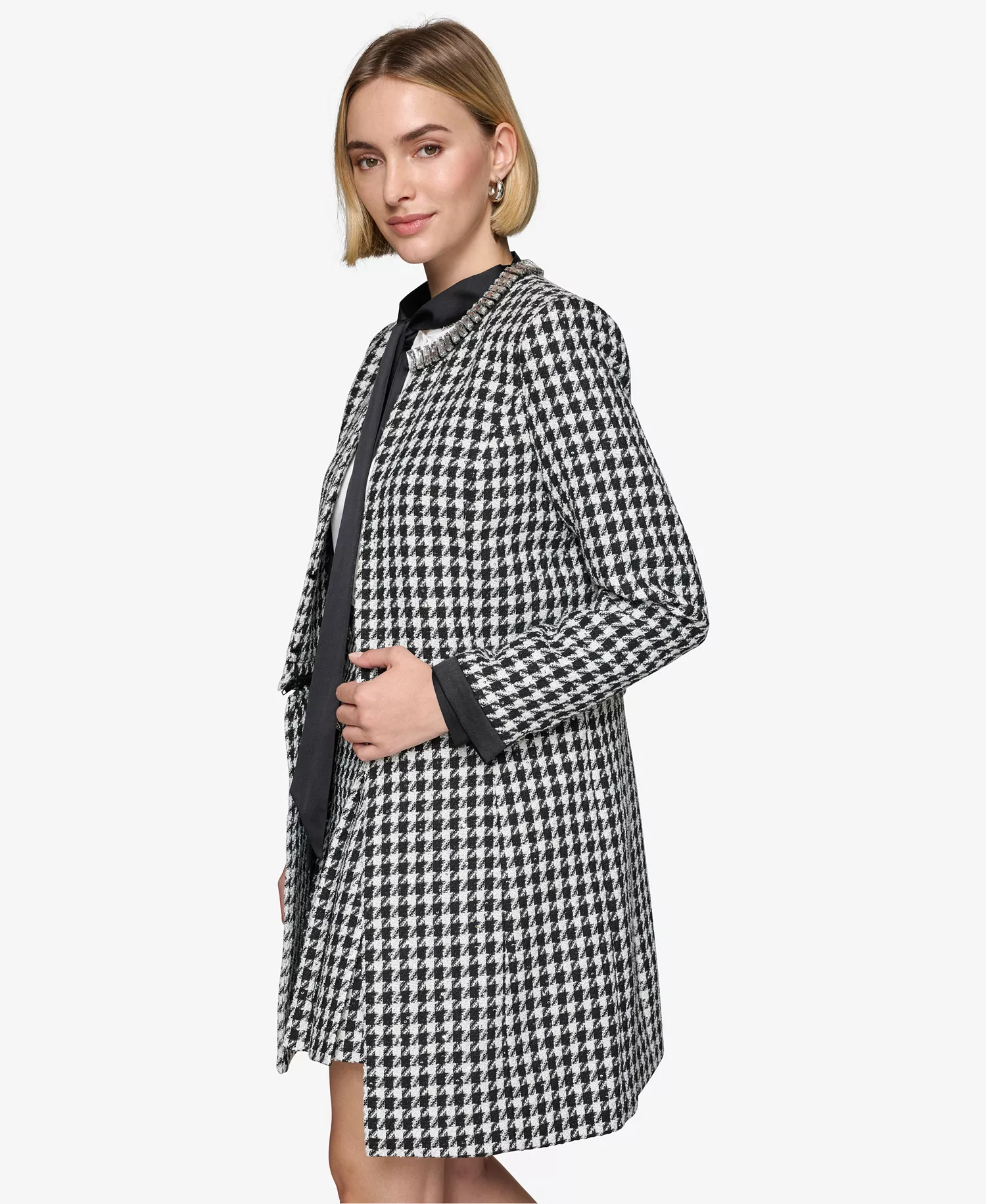 Women's Convertible Rhinestone-Collar Houndstooth Jacket - Black/Soft White - 10