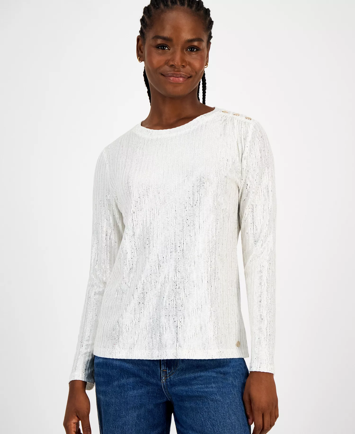 Women's Shine Ribbed Knit Long-Sleeve Top - Ivory/ Gold - L