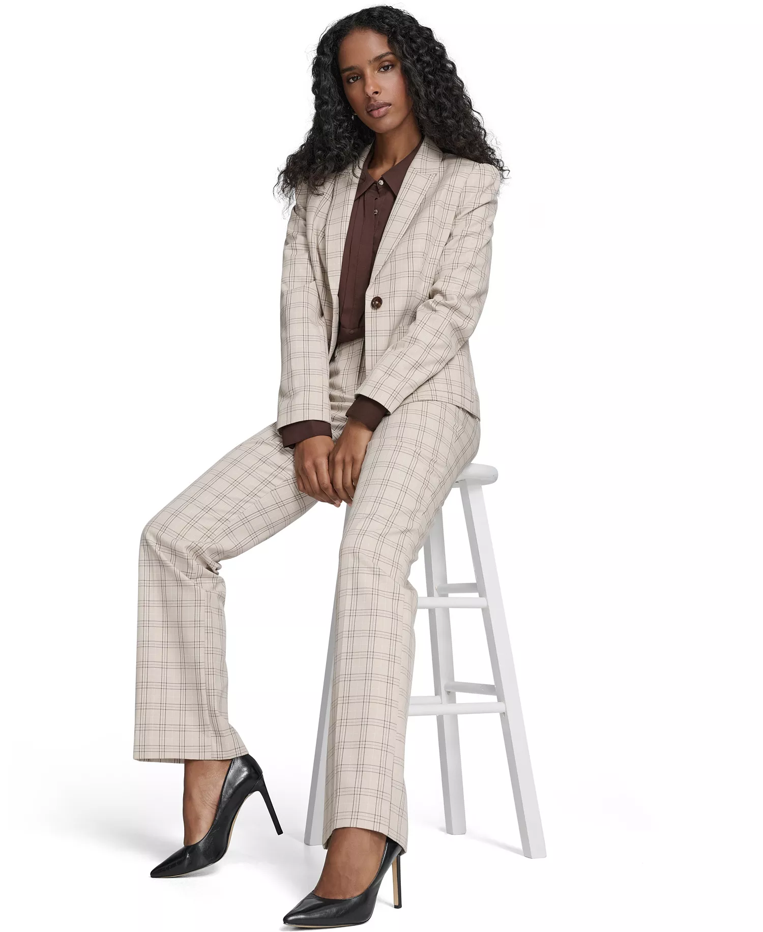 Women's Plaid One Button Blazer Jacket, Plaid Bootcut Trousers and Clip Dot Pleated Bib Pull-On Top - Latte Multi - 0