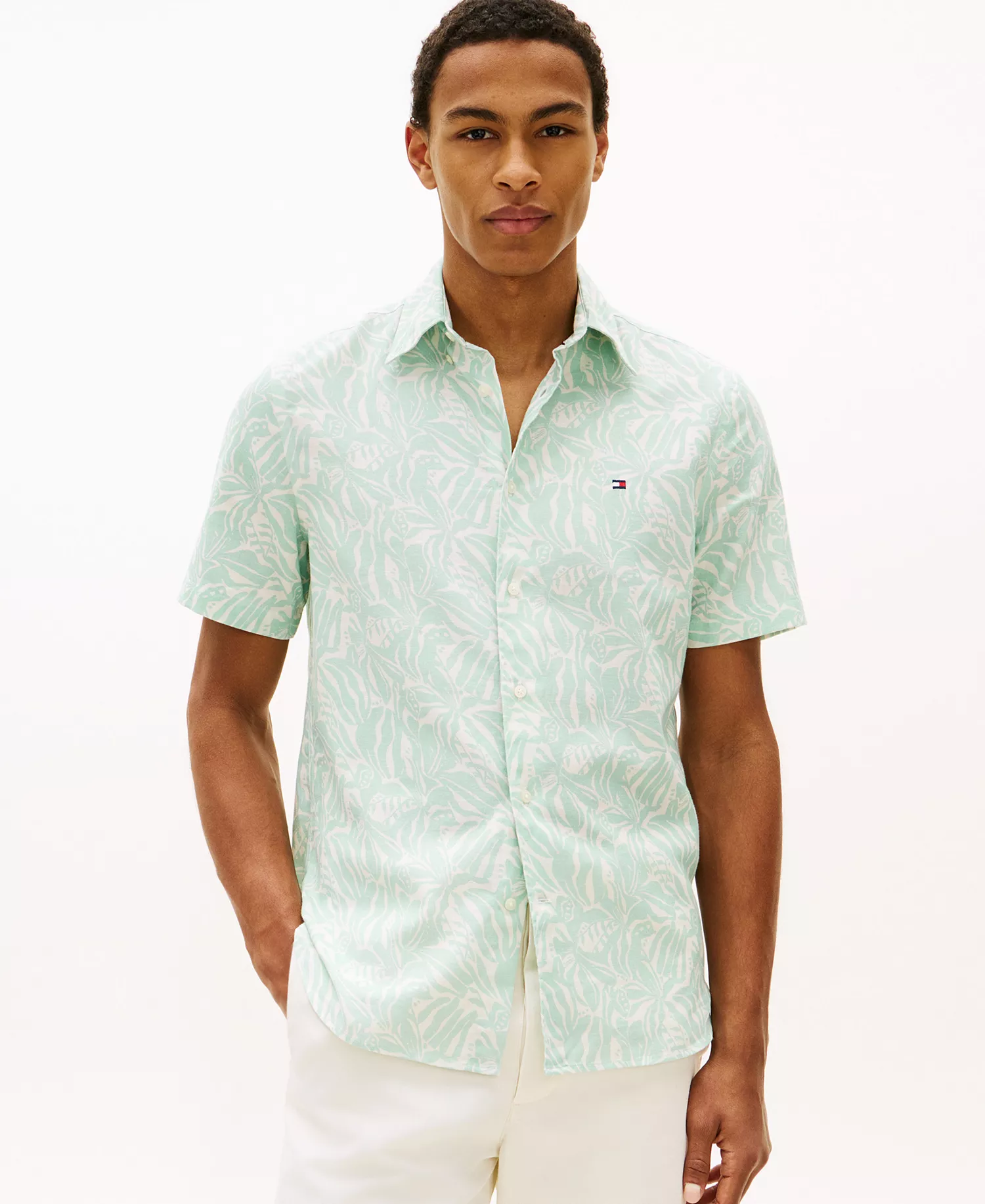 Men's Short-Sleeve Linen-Blend Printed Shirt - Crushed Mint / Allover - L