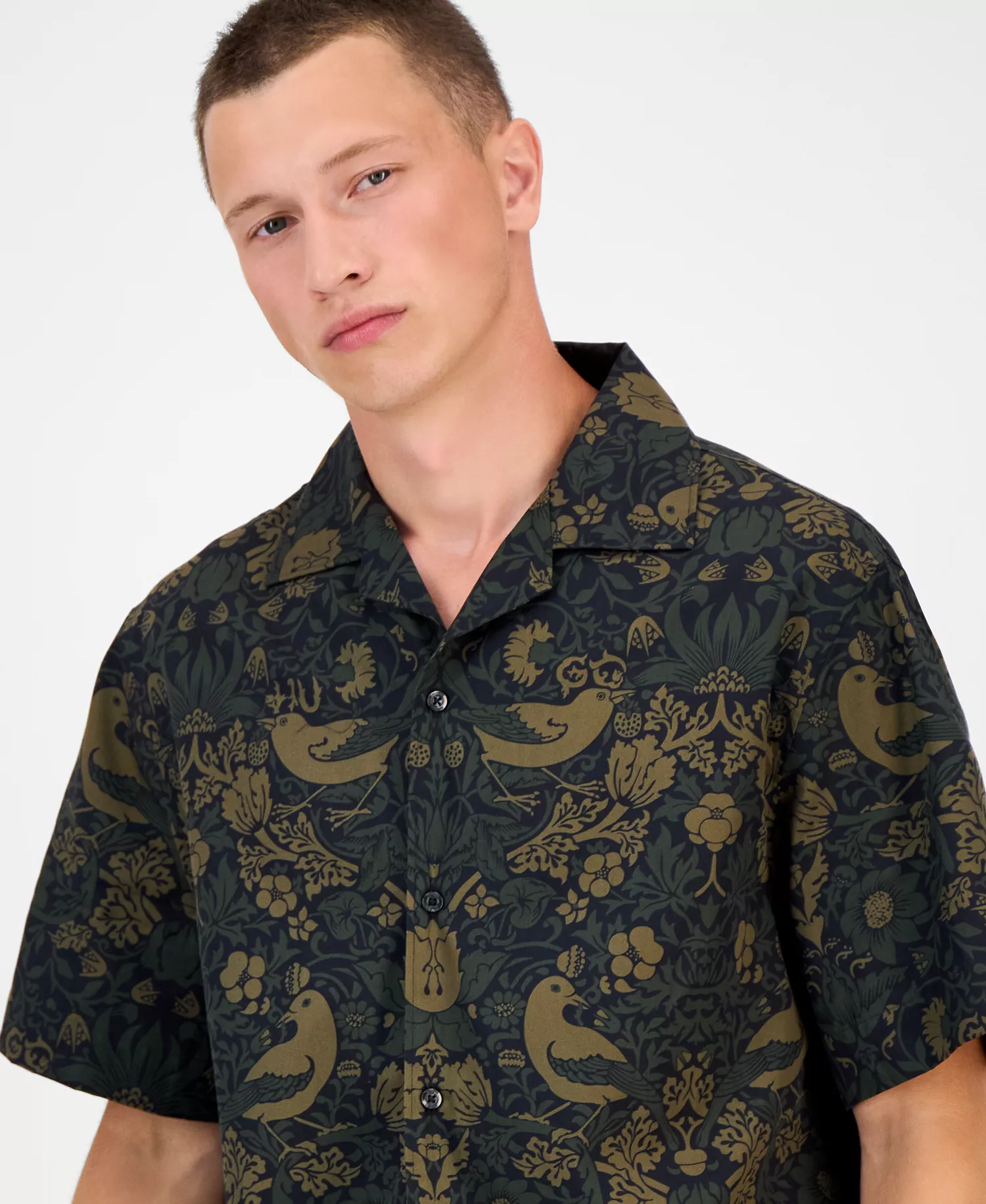 Hugo Boss Men's Espino Oversized Short Sleeve Bird Print Button-Front Camp Shirt - Open Green - 2XL