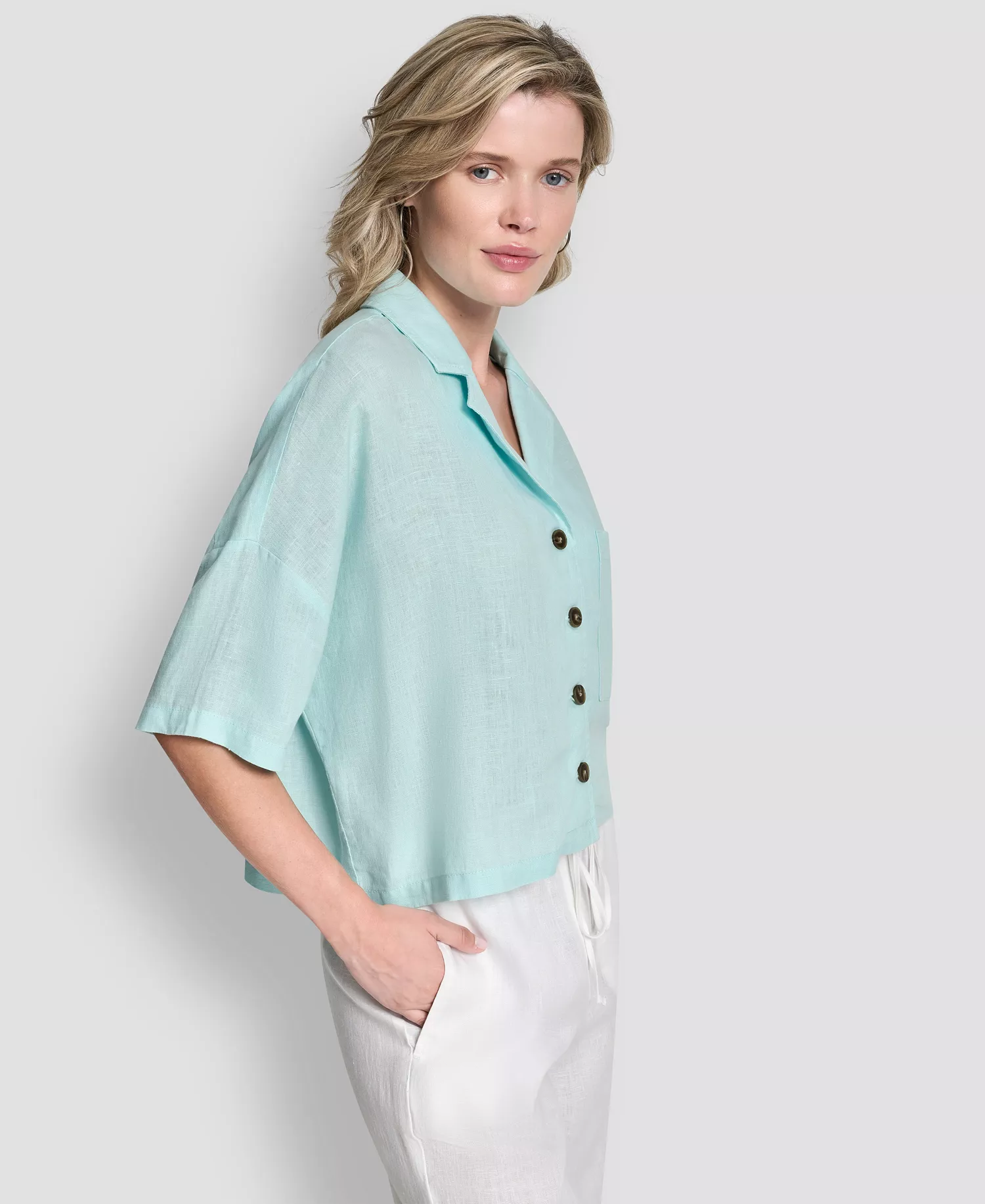 Women's Button-Front Dolman-Sleeve Linen Top - Aqua - L