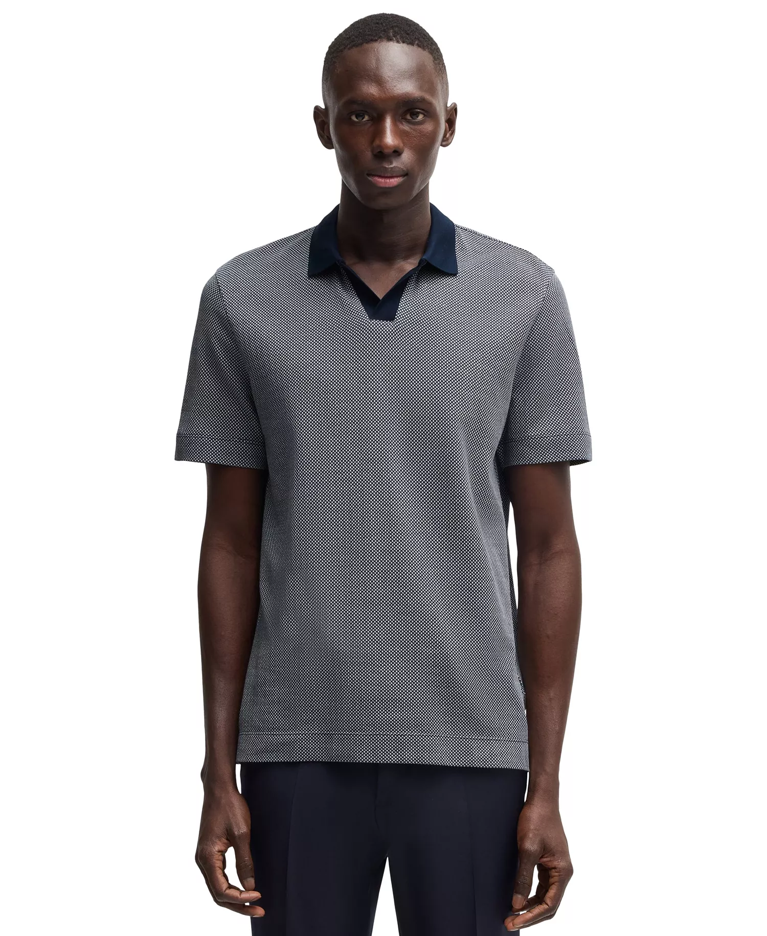 Men's Cotton Silk Dot-Pattern Polo Shirt - Dark Blue - M
