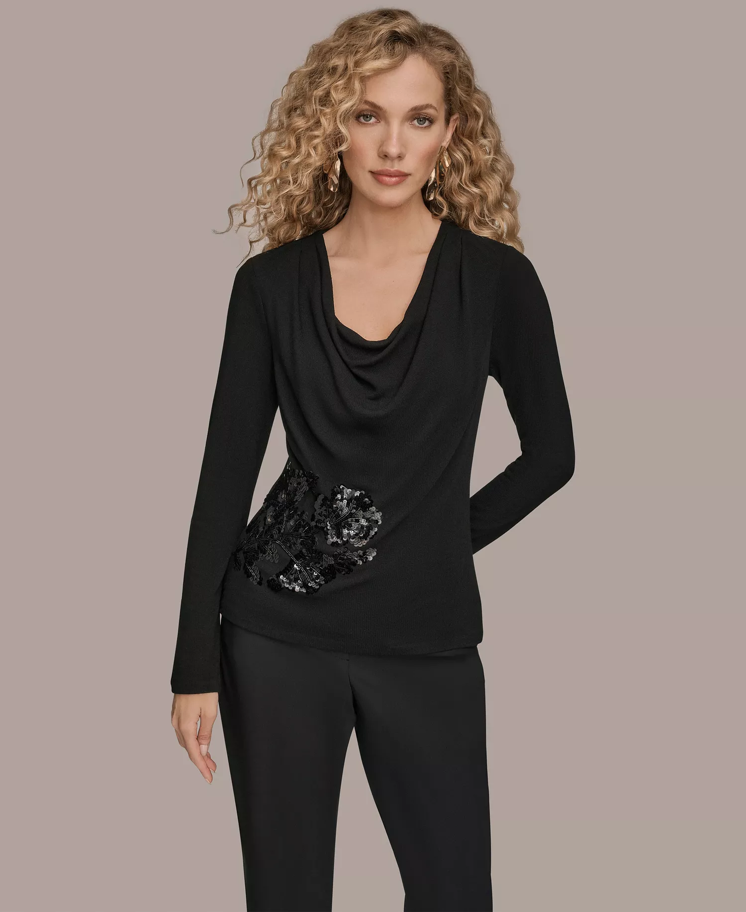 Women's Floral Detail Long Sleeves Relaxed Top - Black - L