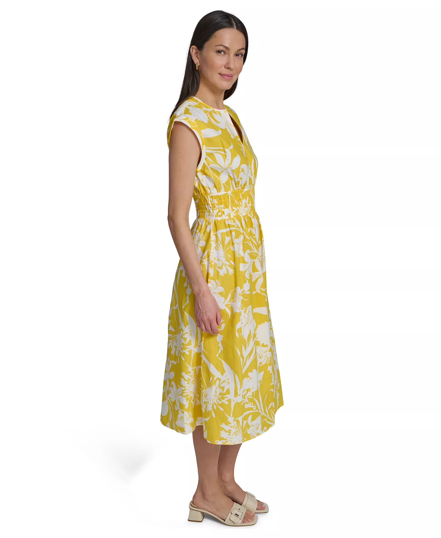 Women's Floral Smocked A-Line Midi Dress - DAFFODIL/CREAM - 10