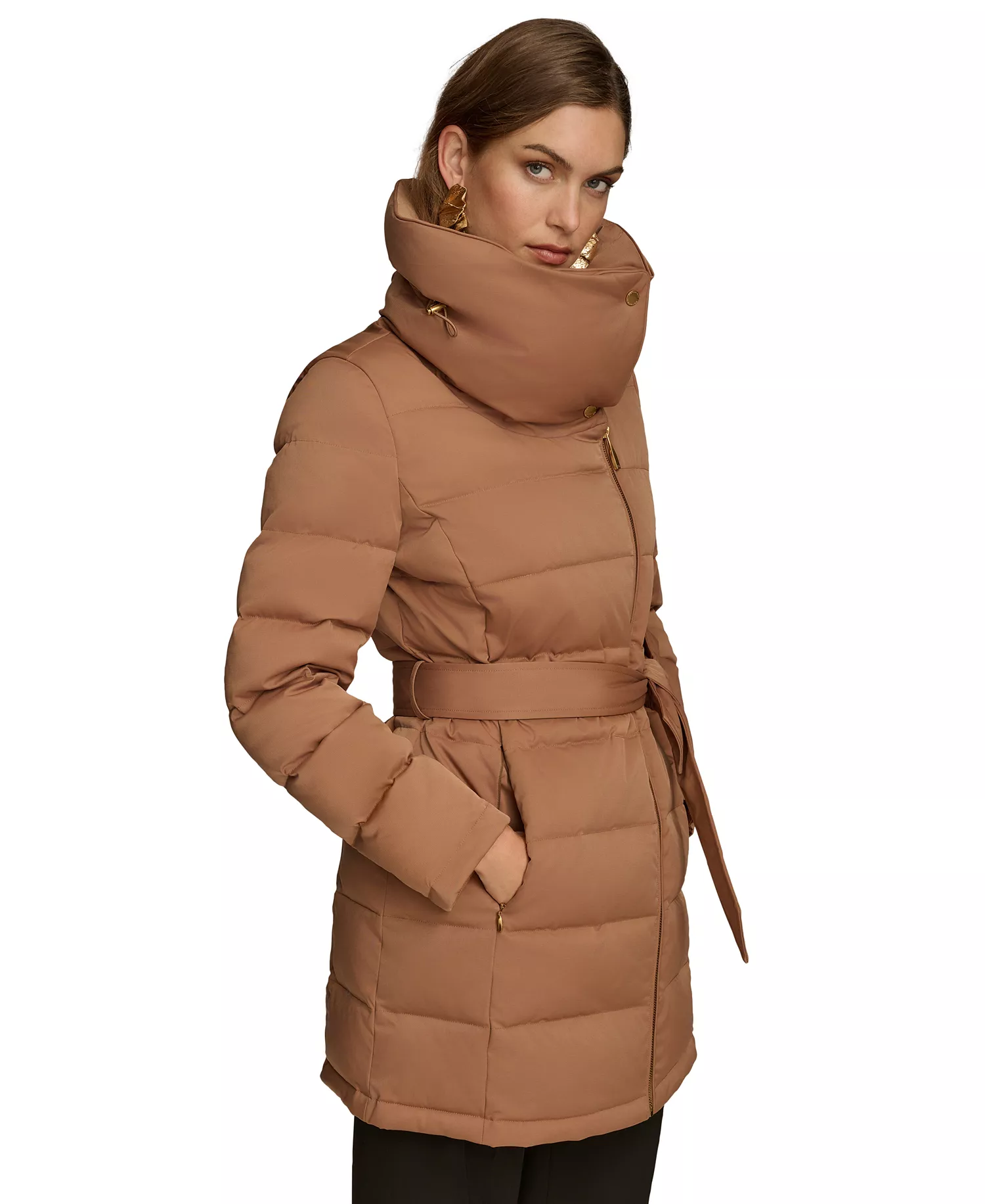 Women's Belted Asymmetric Puffer Coat - Antique Gold - L
