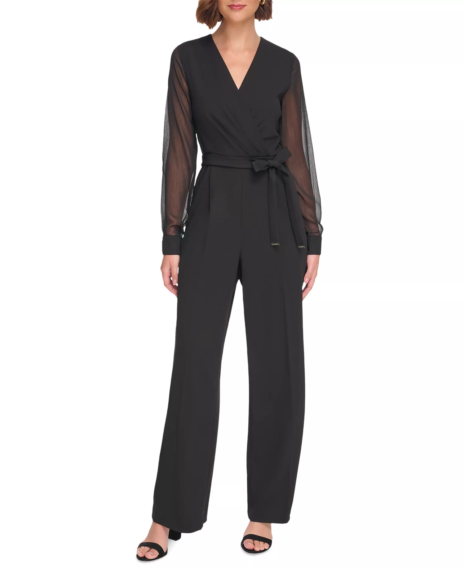 Women's Long-Chiffon-Sleeve Scuba Crepe Jumpsuit  - Black - 8