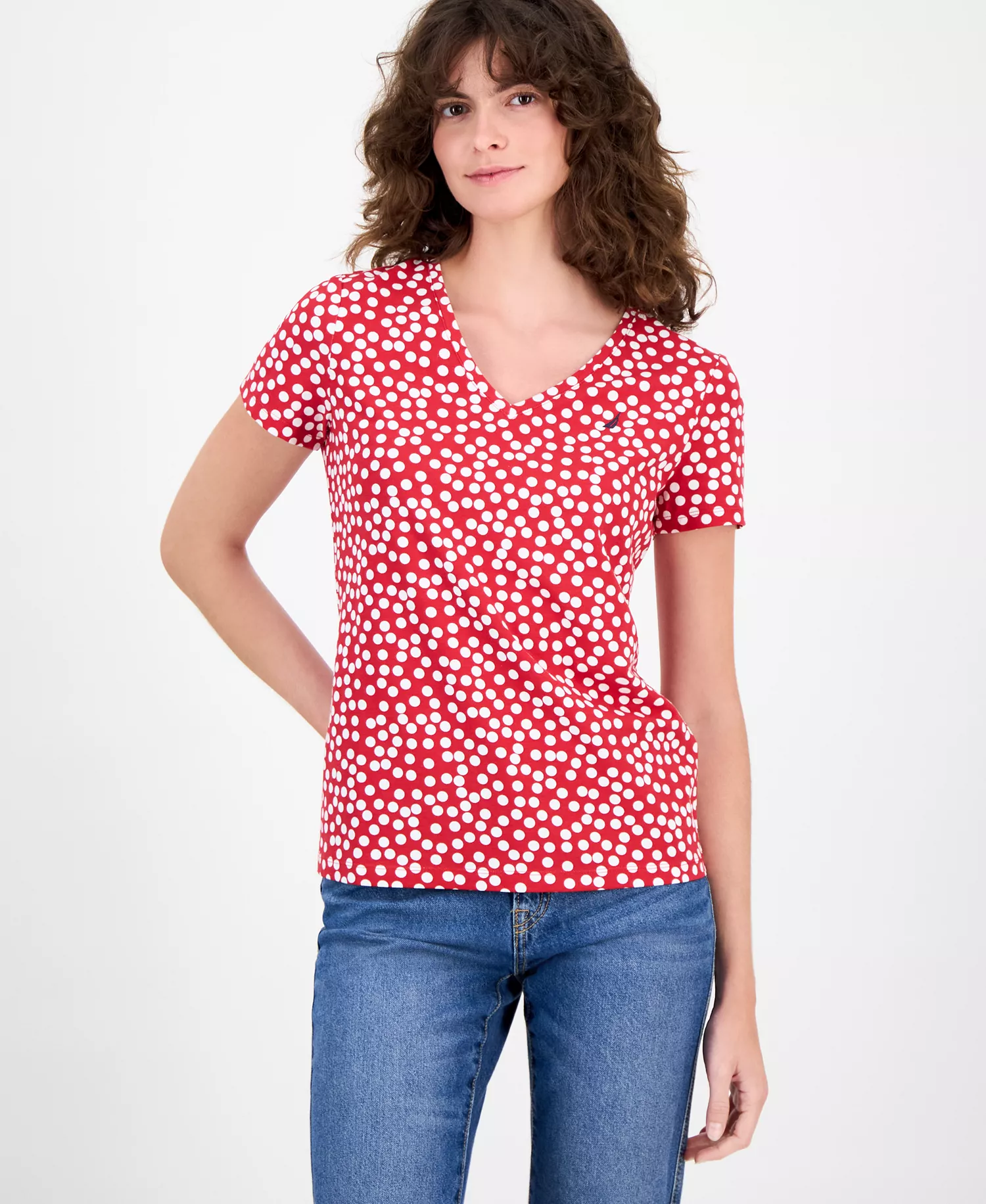 Nautica Women's Snow Dot V-Neck T-Shirt - Haute Red/ Bright White - M