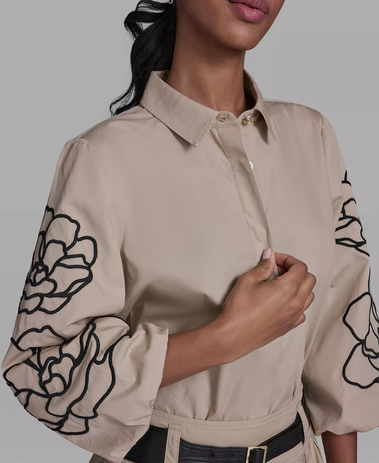 Women's Floral Detailed Collared Blouse - French Beige - L